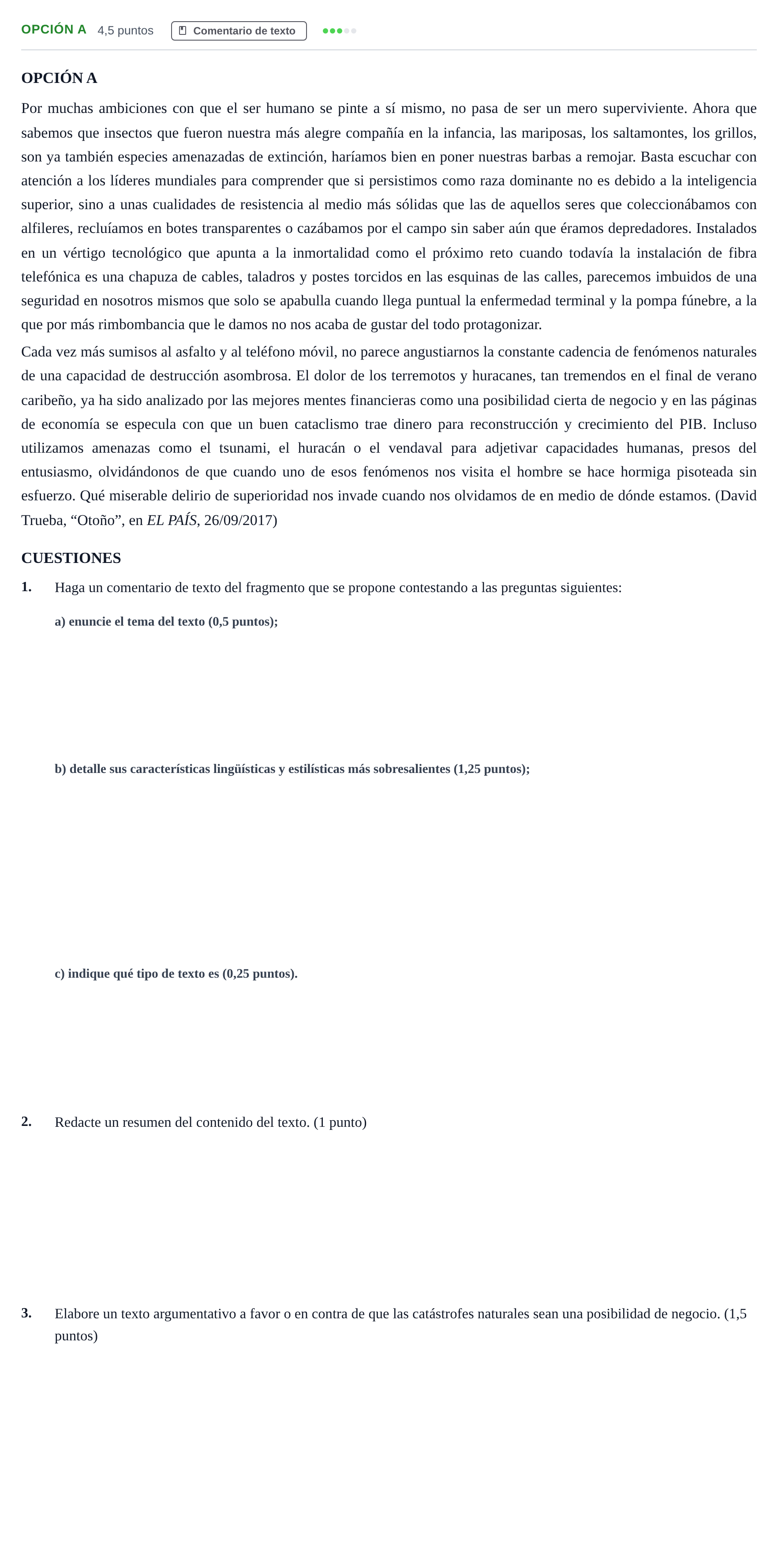 Enunciado: Opción A · Lengua Castellana y Literatura II PAU Madrid Modelo 2019