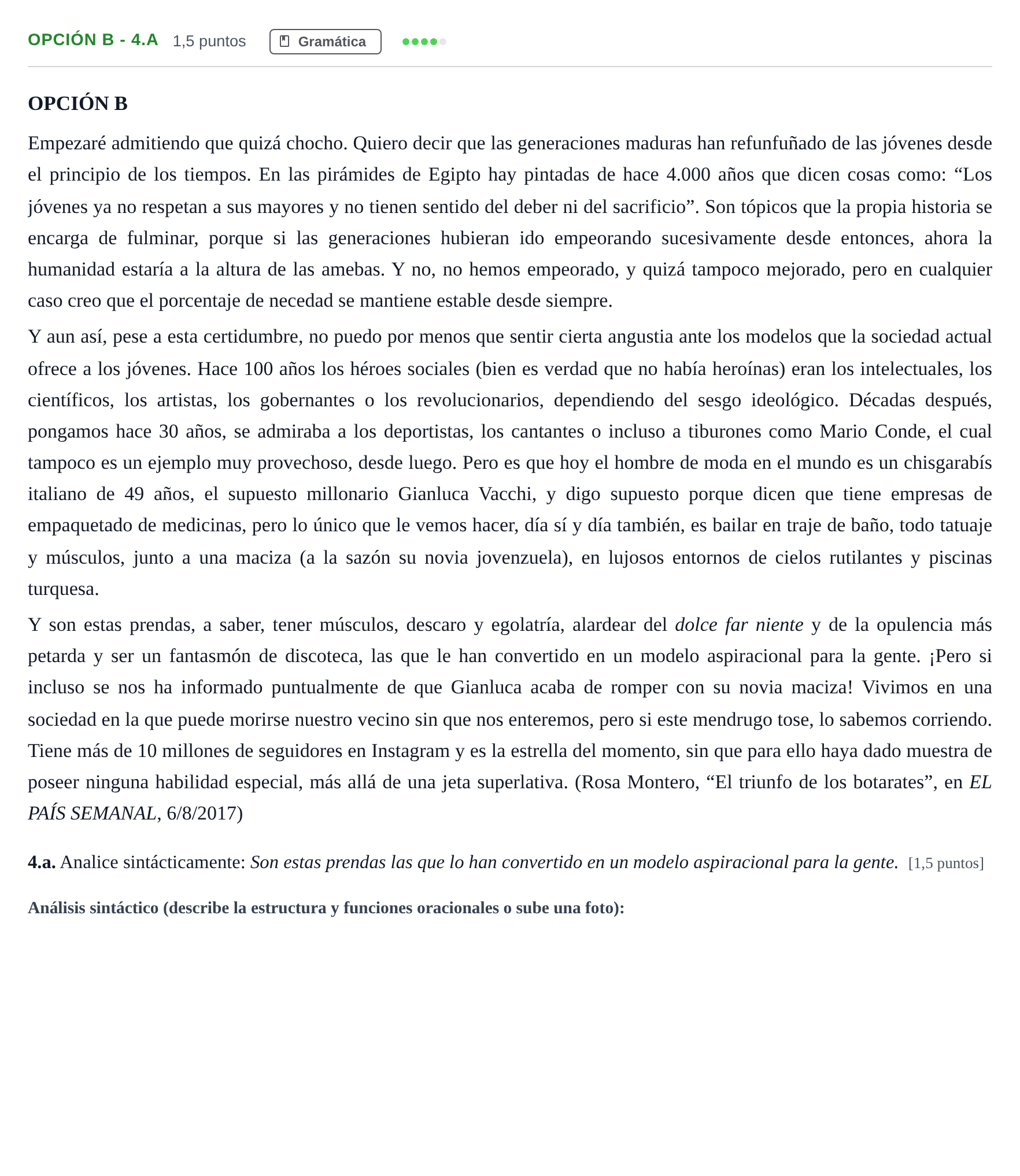 Enunciado: Opción B - 4.a · Lengua Castellana y Literatura II PAU Madrid Modelo 2019