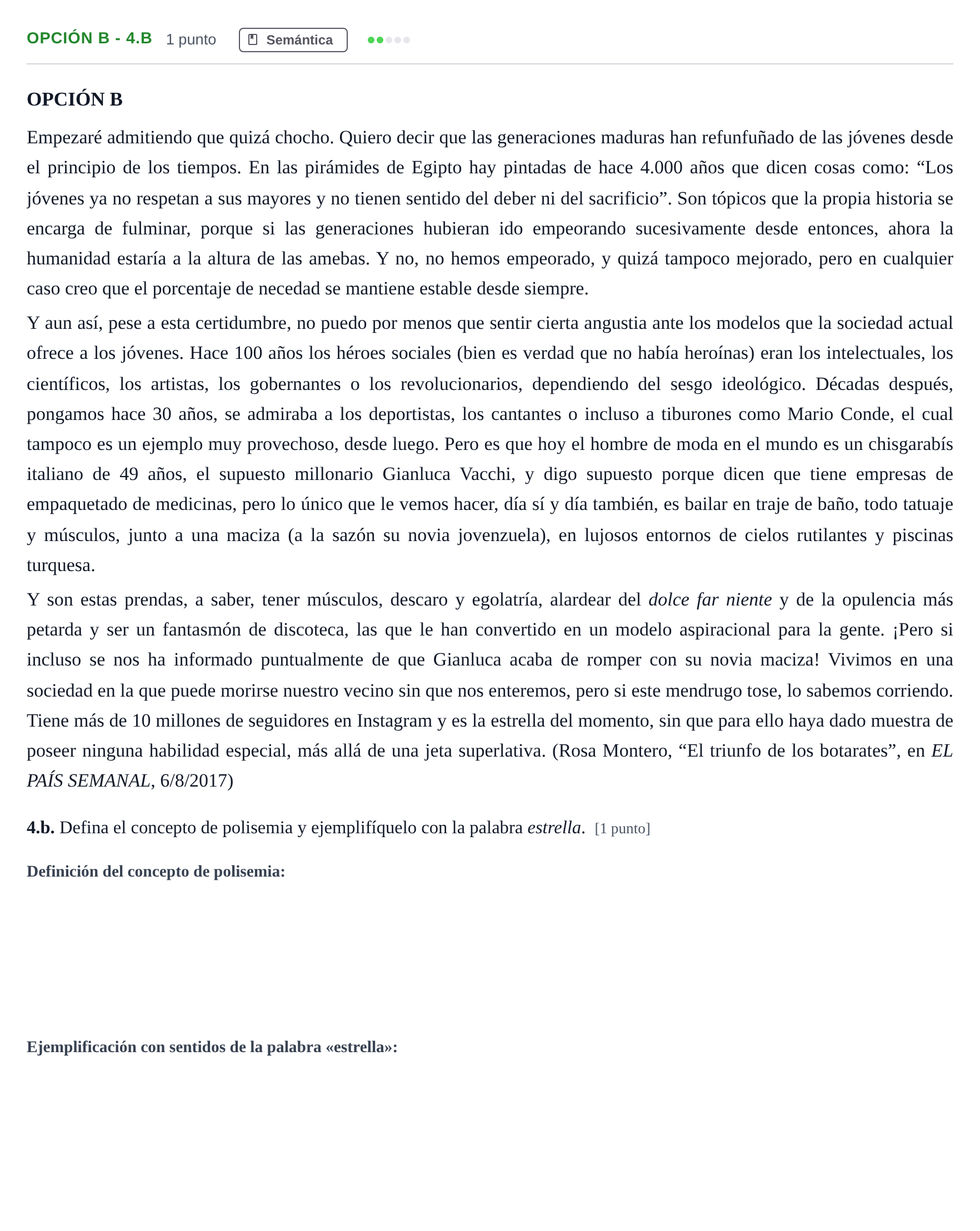 Enunciado: Opción B - 4.b · Lengua Castellana y Literatura II PAU Madrid Modelo 2019