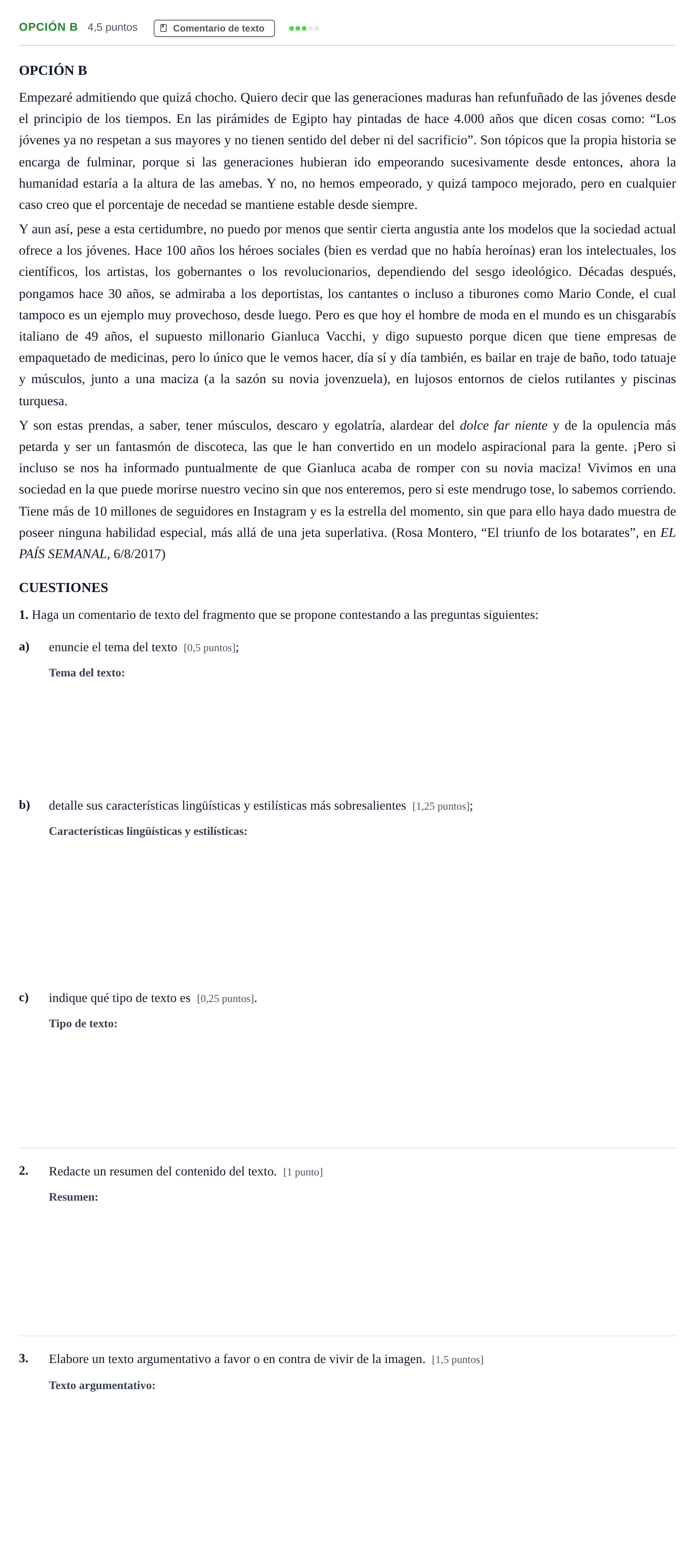 Enunciado: Opción B · Lengua Castellana y Literatura II PAU Madrid Modelo 2019