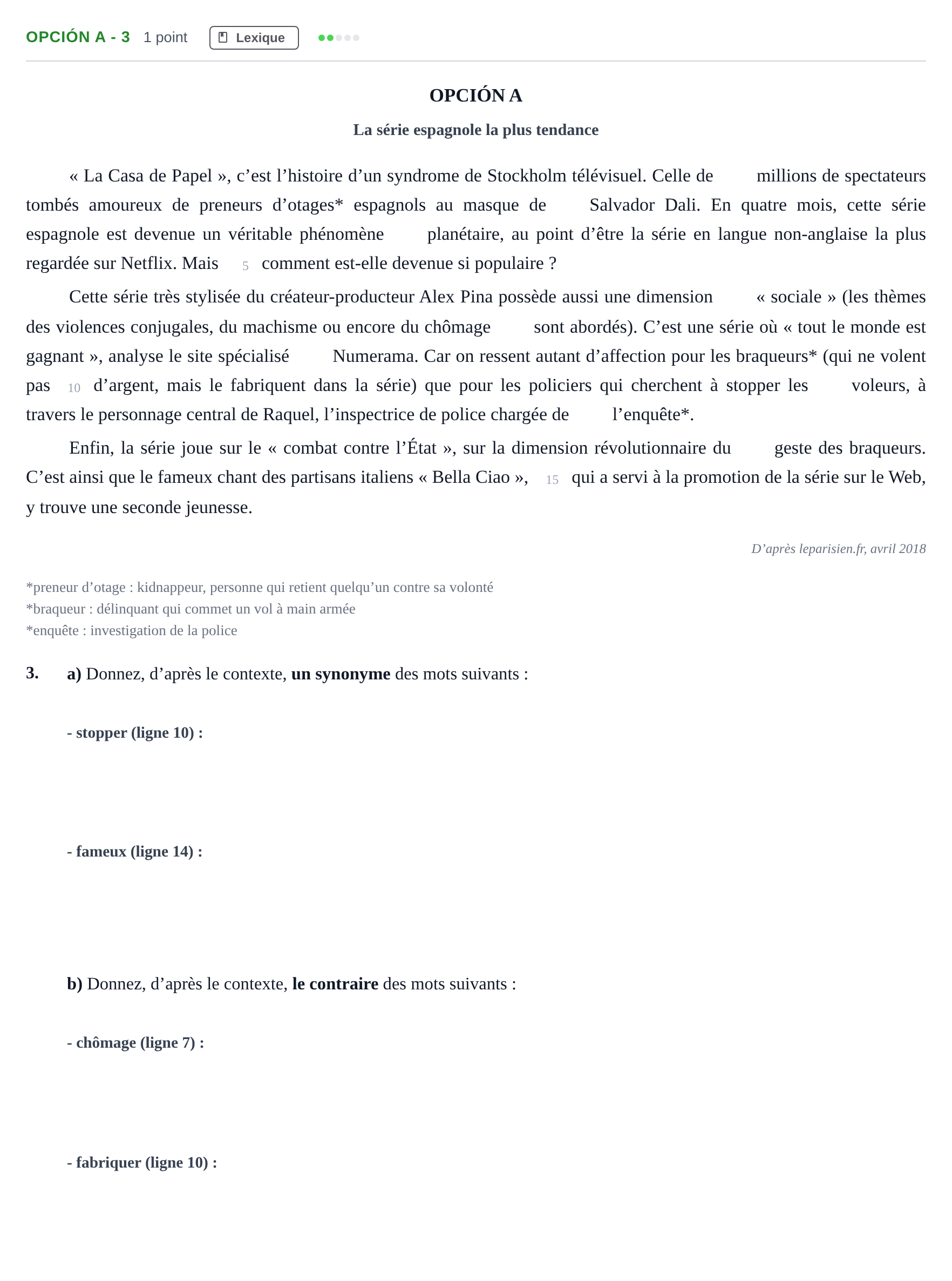 Enunciado: Opción A - 3 · Francés PAU Madrid Extraordinaria 2019