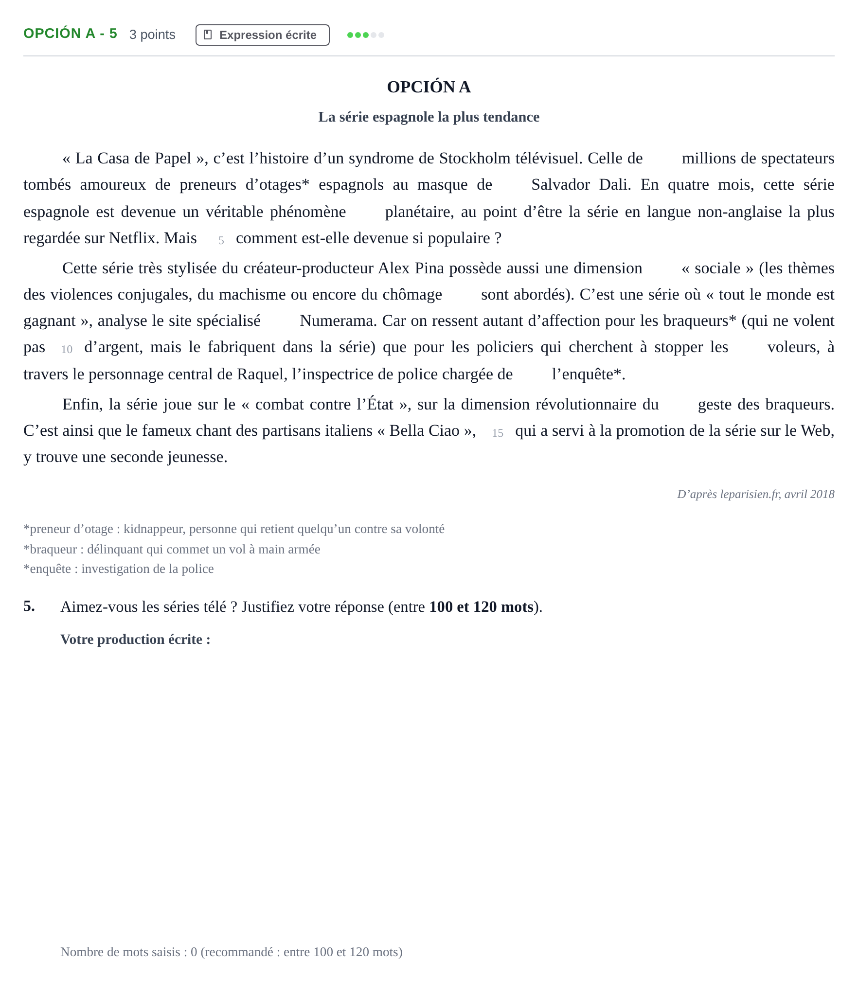 Enunciado: Opción A - 5 · Francés PAU Madrid Extraordinaria 2019