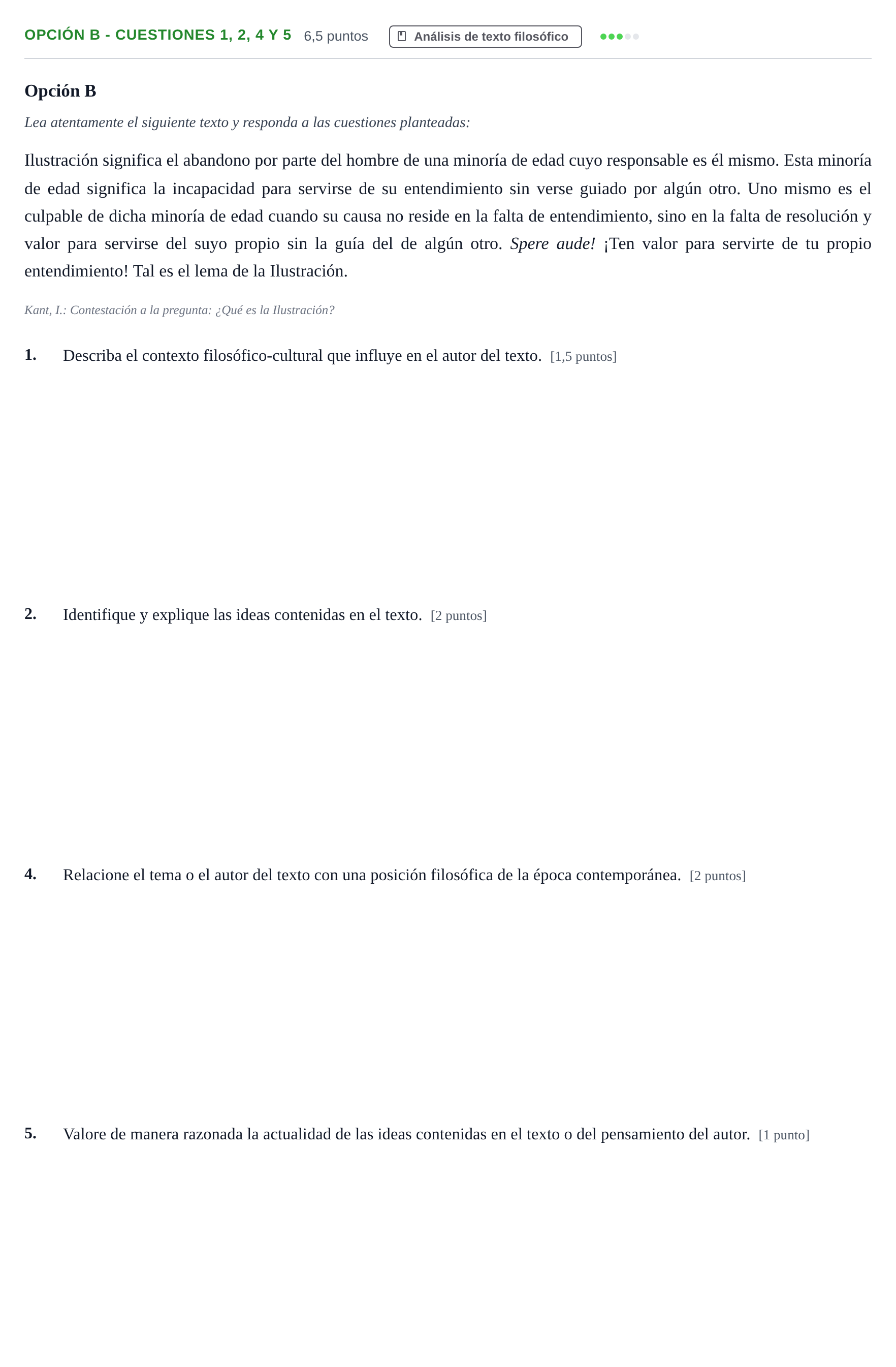 Enunciado: Opción B - Cuestiones 1, 2, 4 y 5 · Historia de la Filosofía PAU Andalucía Reserva A 2019