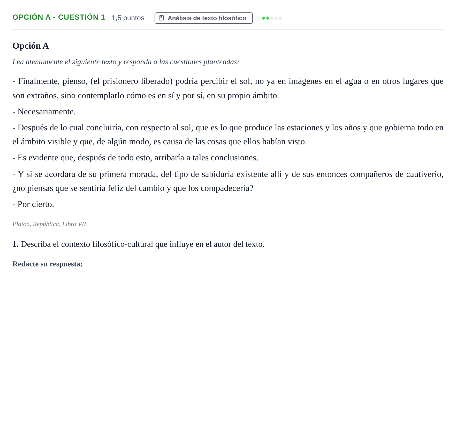 Enunciado: Opción A - Cuestión 1 · Historia de la Filosofía PAU Andalucía Reserva B 2019