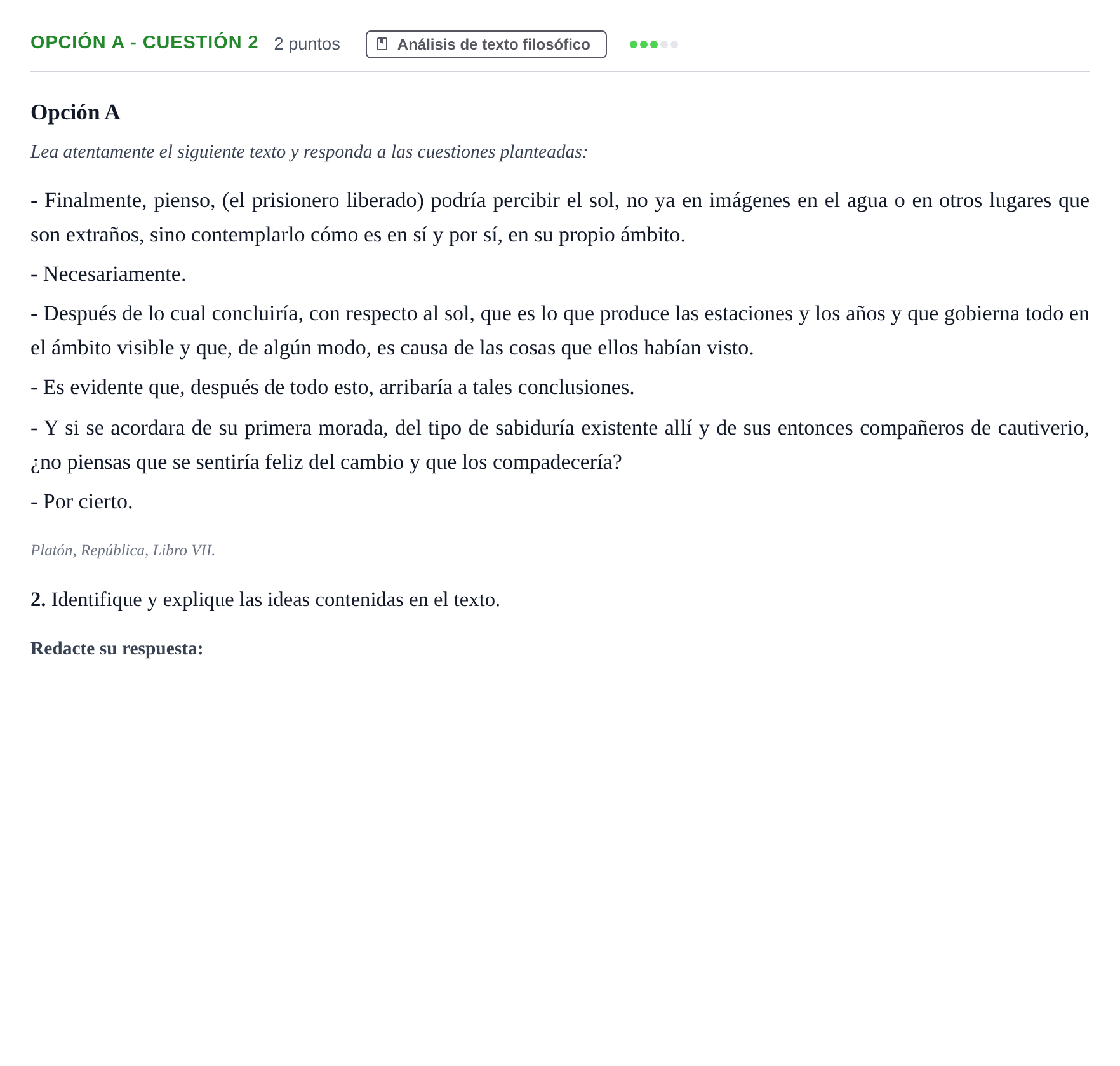 Enunciado: Opción A - Cuestión 2 · Historia de la Filosofía PAU Andalucía Reserva B 2019