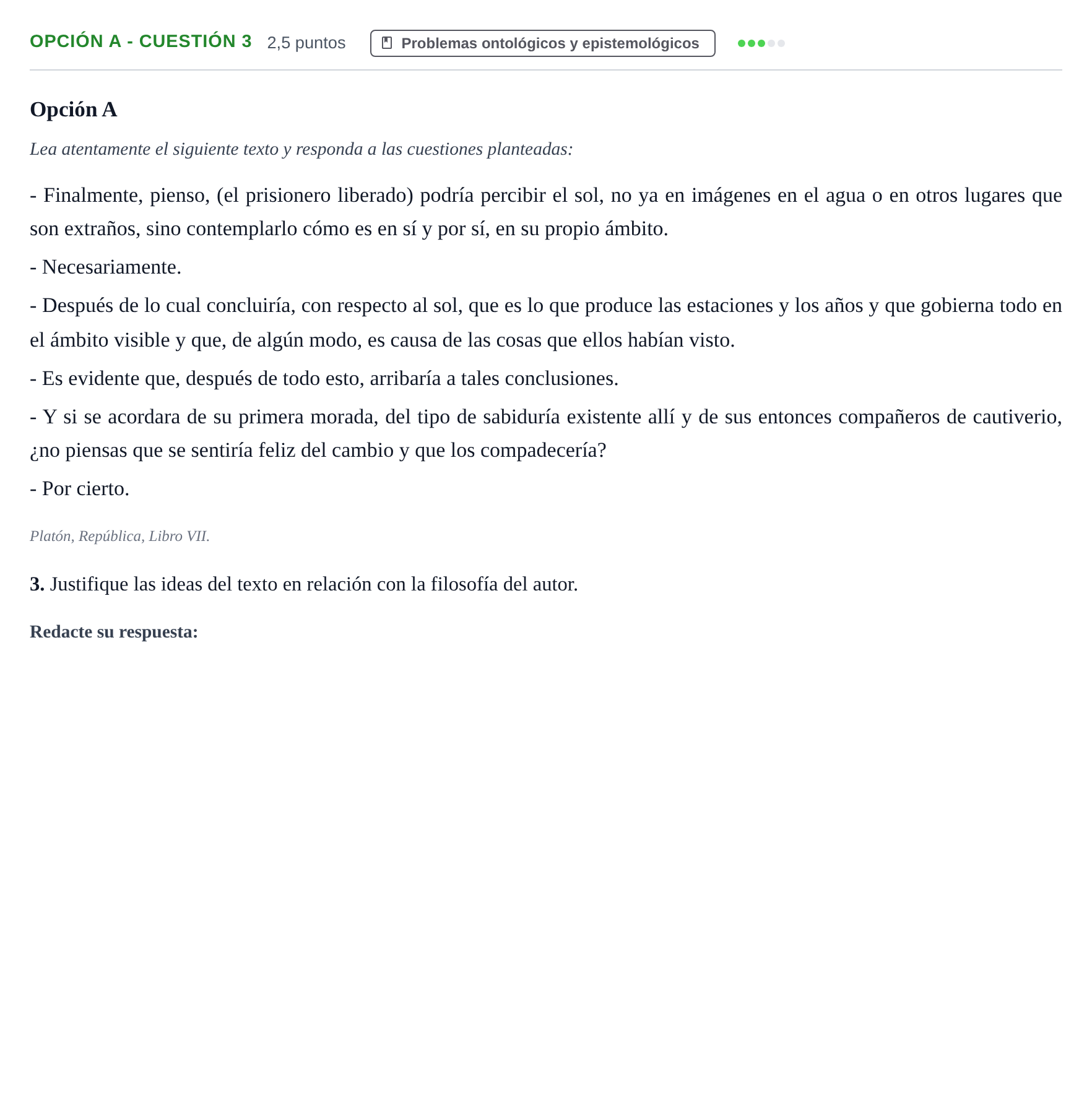 Enunciado: Opción A - Cuestión 3 · Historia de la Filosofía PAU Andalucía Reserva B 2019