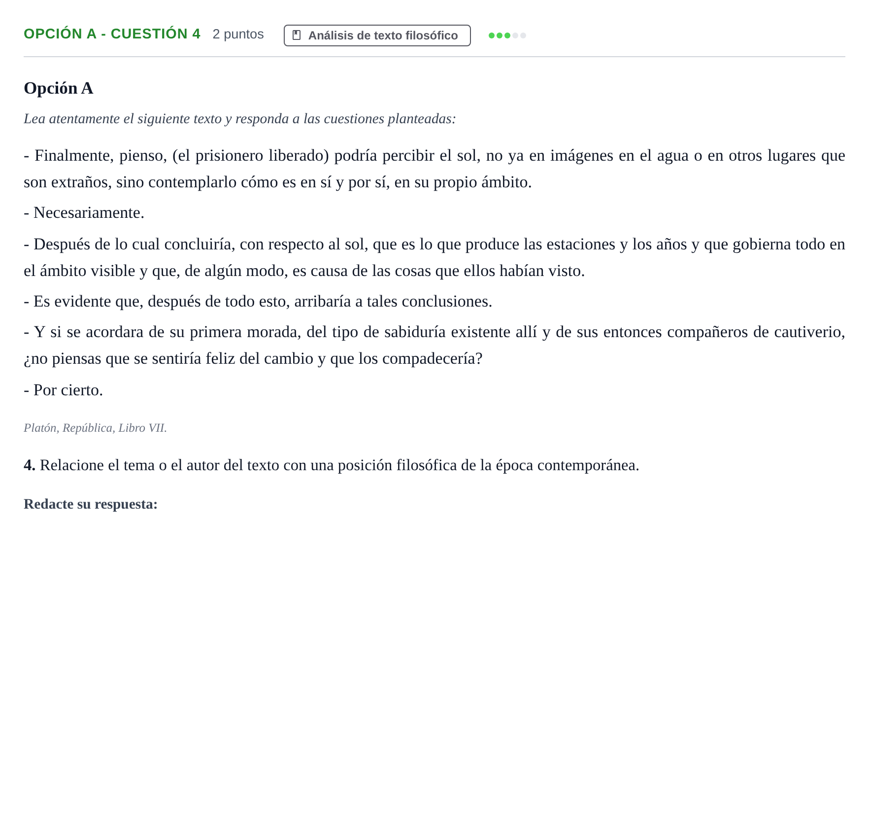 Enunciado: Opción A - Cuestión 4 · Historia de la Filosofía PAU Andalucía Reserva B 2019