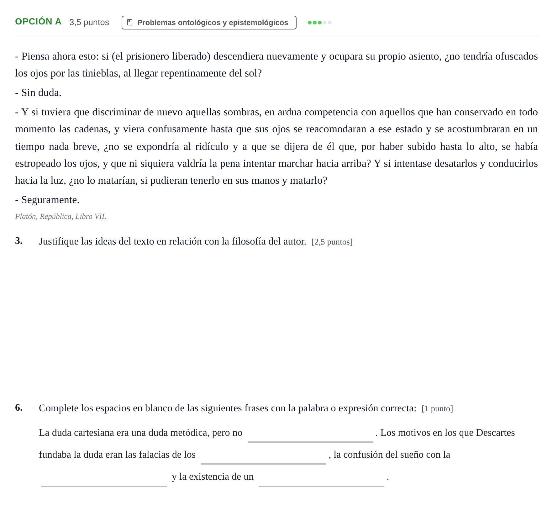 Enunciado: Opción A - Problemas ontológicos y epistemológicos · Historia de la Filosofía PAU Andalucía Ordinaria Titular 2019