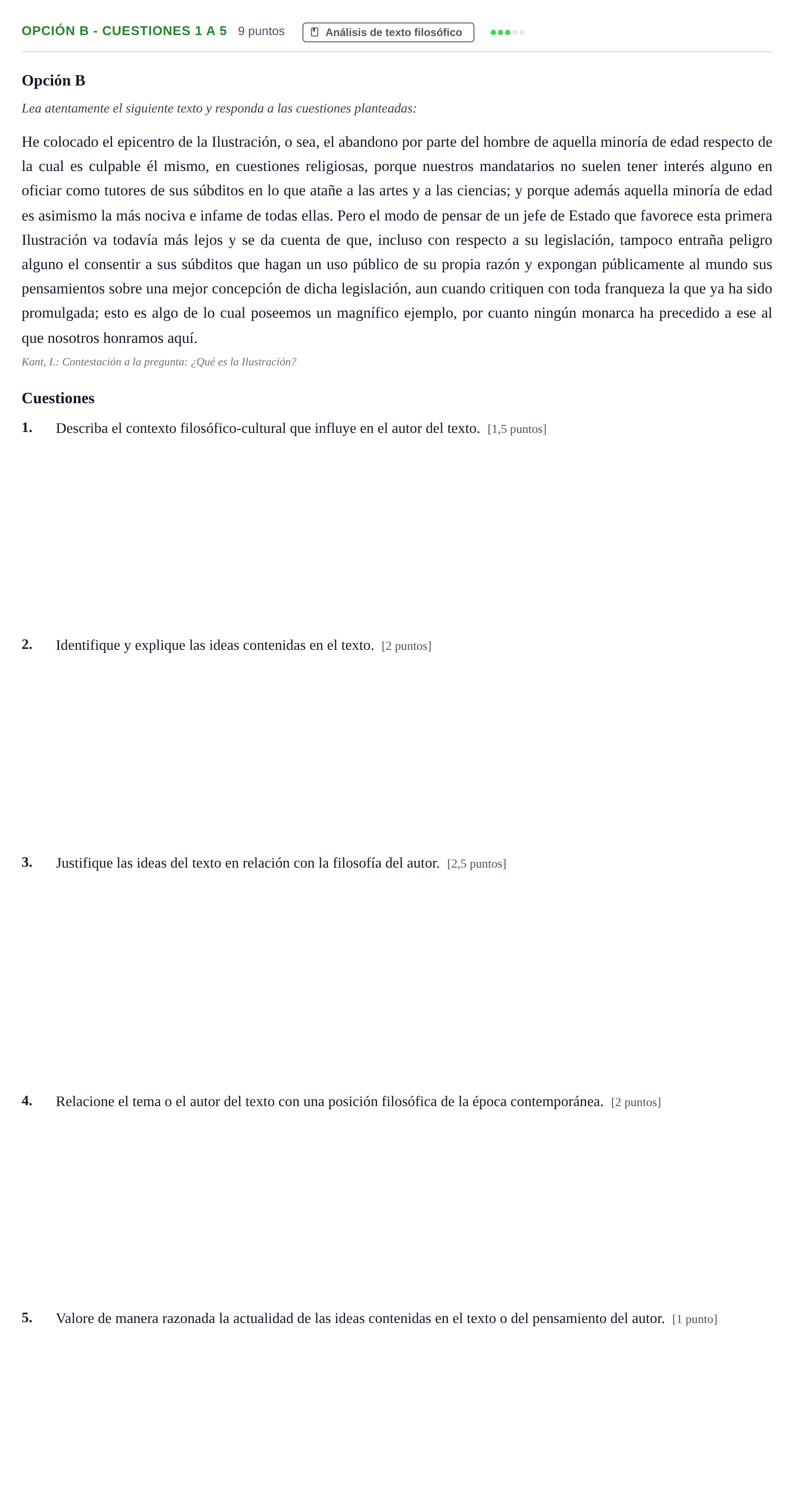 Enunciado: Opción B - Cuestiones 1 a 5 · Historia de la Filosofía PAU Andalucía Extraordinaria Titular 2019