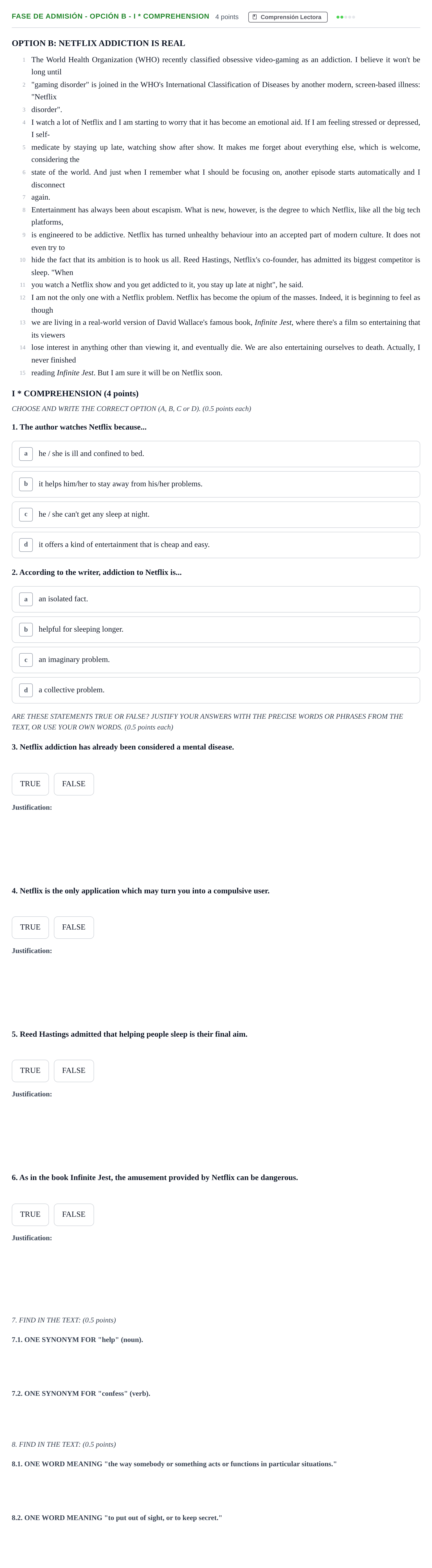 Enunciado: Ejercicio Fase de Admisión - Opción B - I * Comprehension · Inglés PAU Andalucía Ordinaria Titular (Admisión) 2 2019