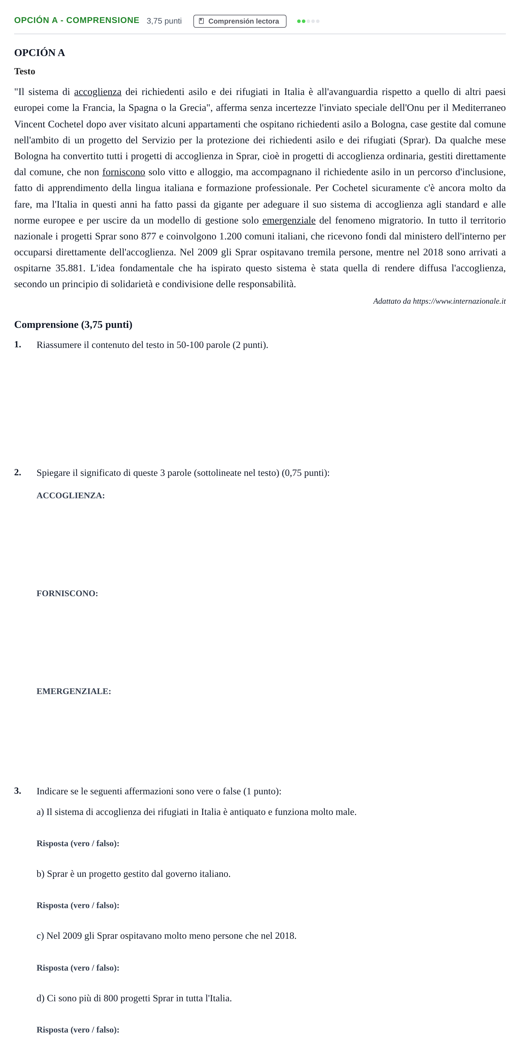 Enunciado: Opción A - Comprensione · Italiano PAU Andalucía Reserva A 2019