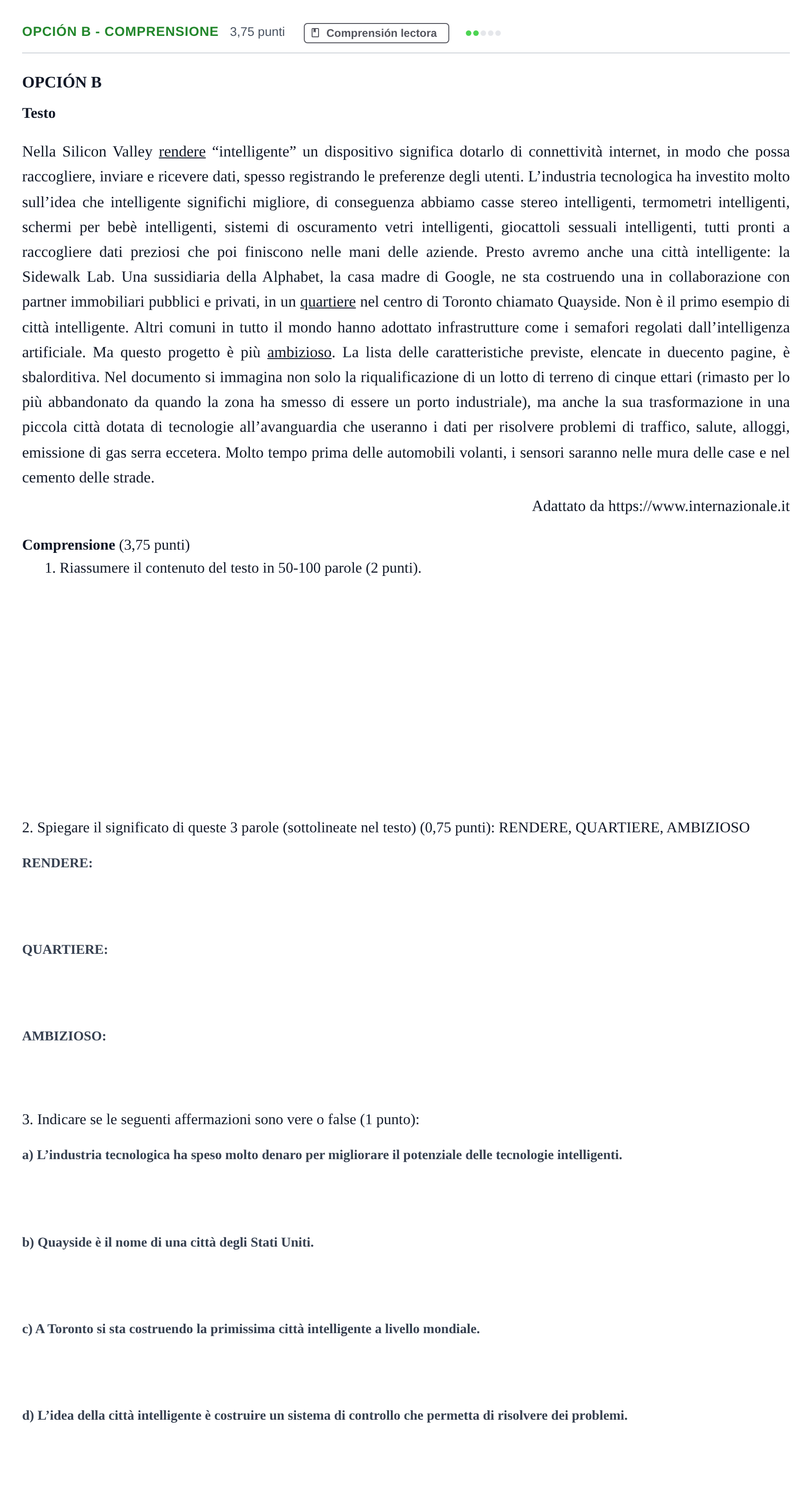 Enunciado: Opción B - Comprensione · Italiano PAU Andalucía Reserva A 2019