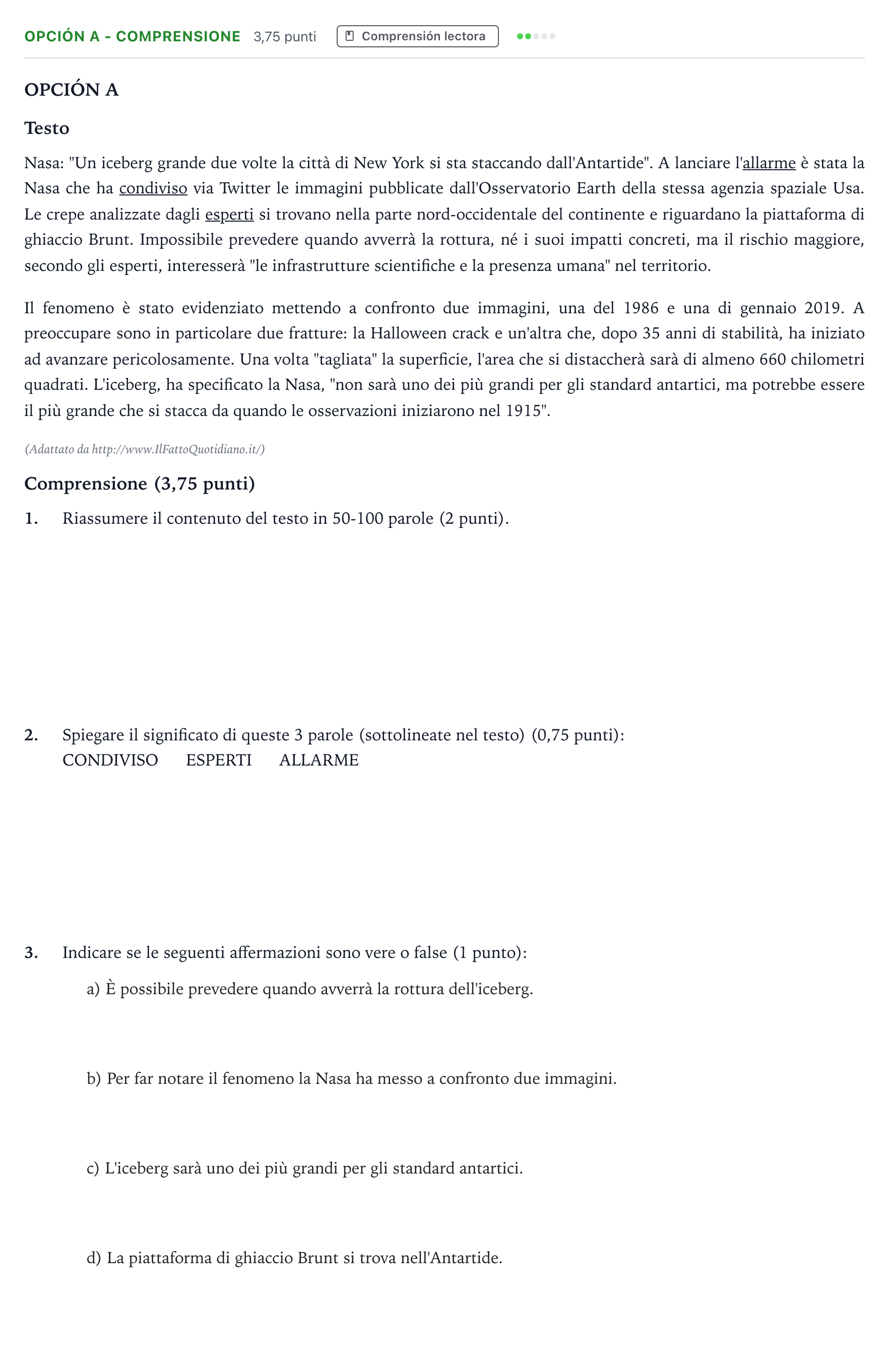 Enunciado: Opción A - Comprensione · Italiano PAU Andalucía Reserva B 2019