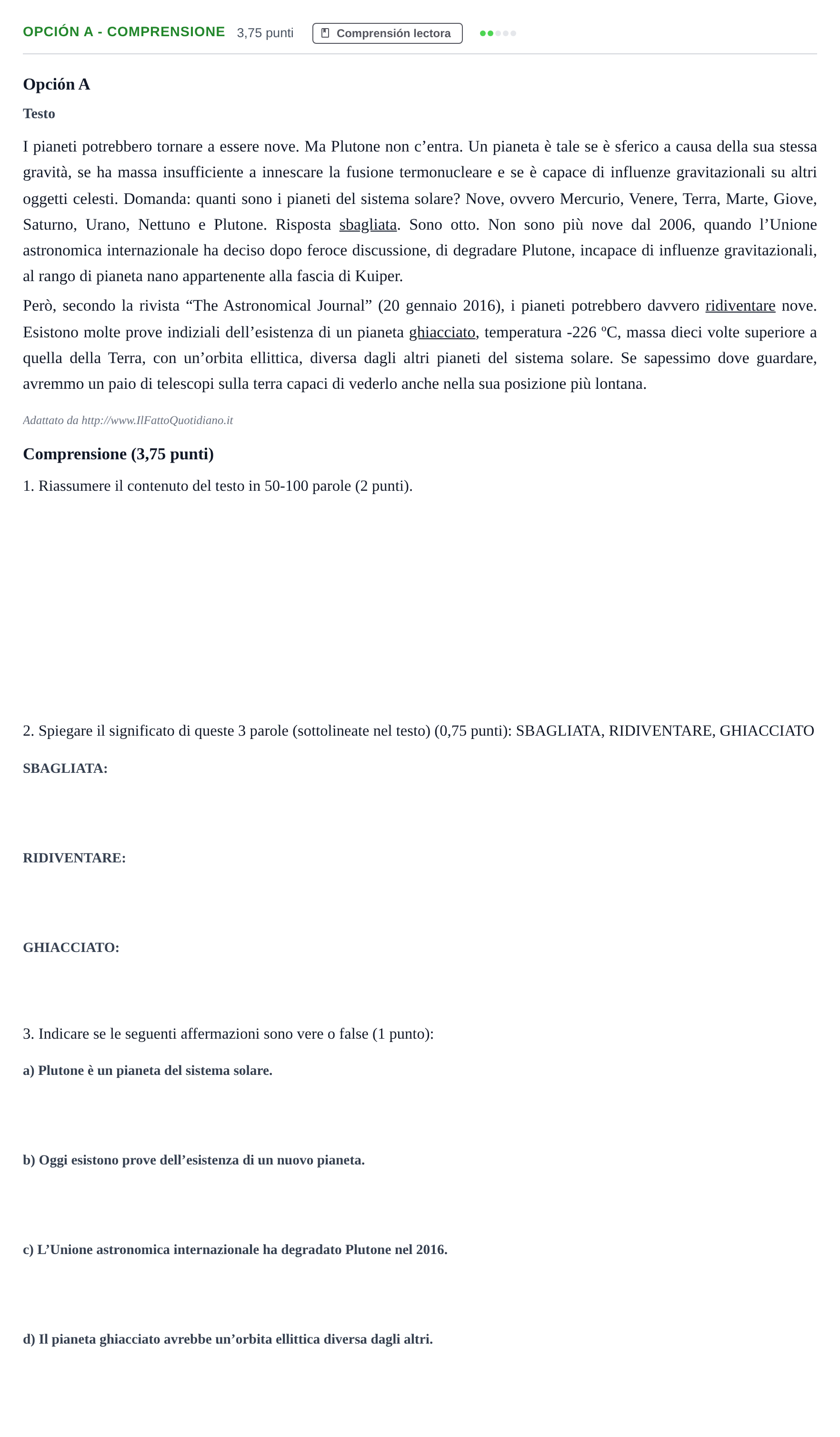 Enunciado: Opción A - Comprensione · Italiano PAU Andalucía Ordinaria Suplente 2019