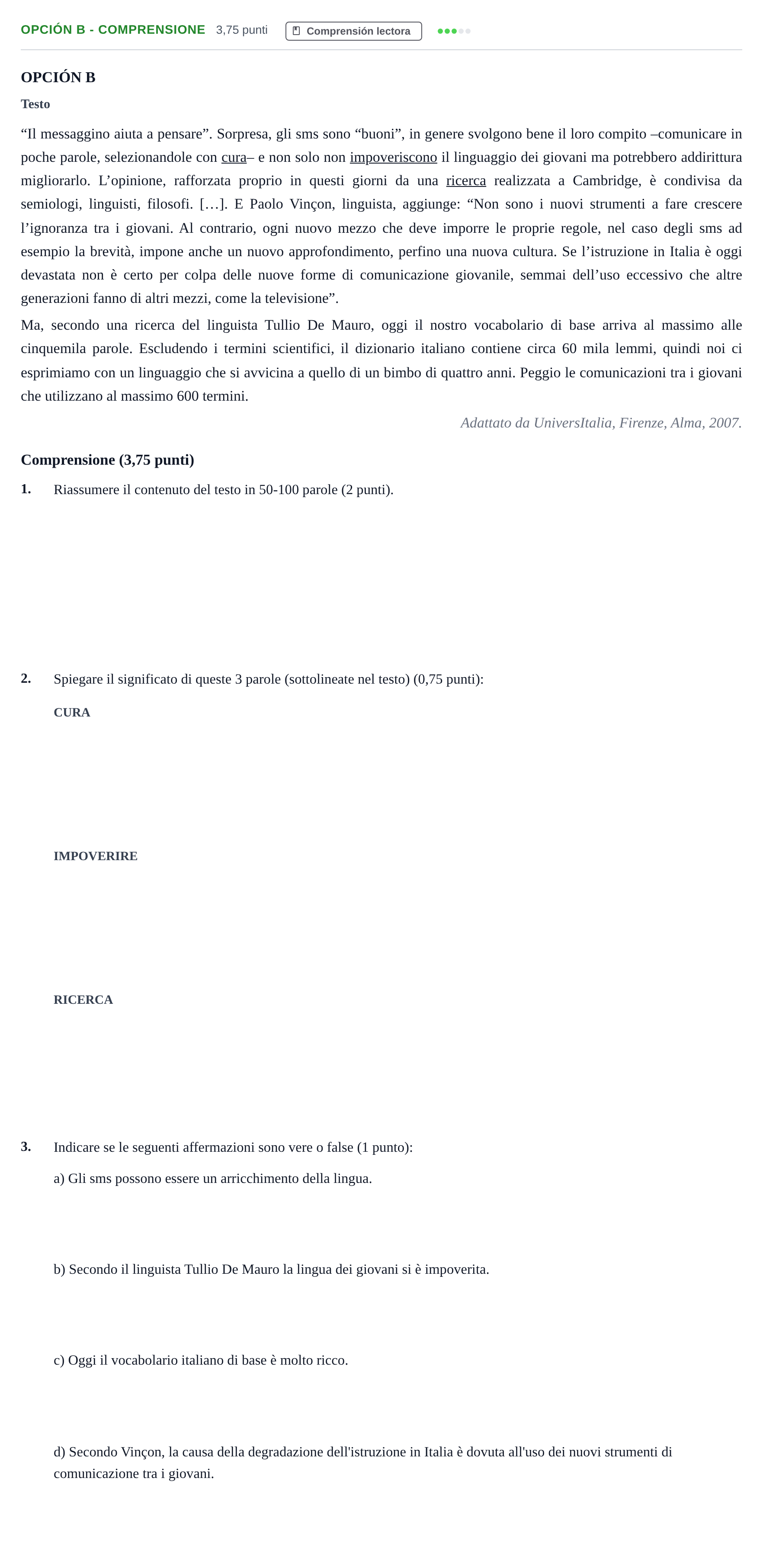 Enunciado: Opción B - Comprensione · Italiano PAU Andalucía Ordinaria Suplente 2019