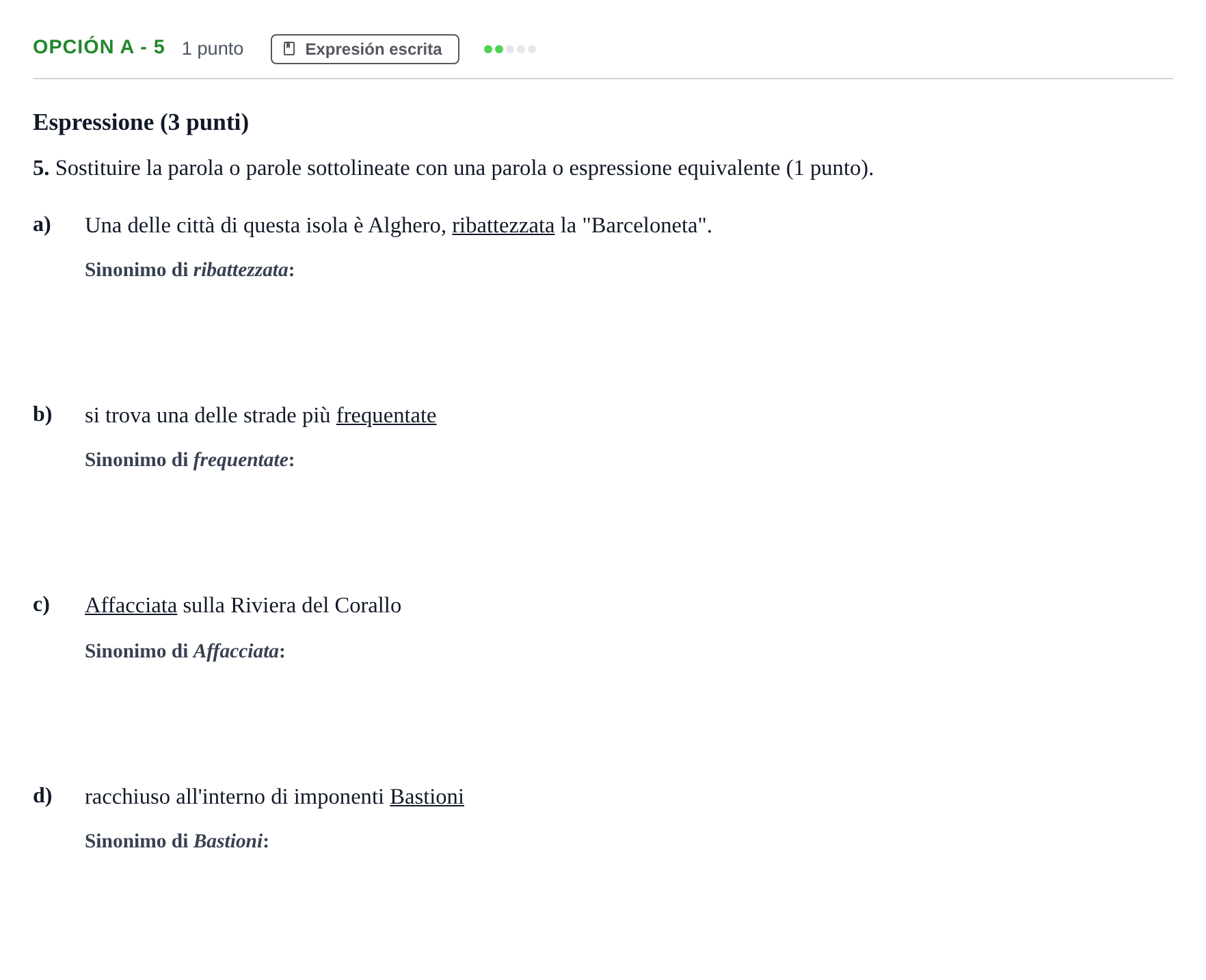 Enunciado: Opción A - 5 · Italiano PAU Andalucía Extraordinaria Suplente 2019