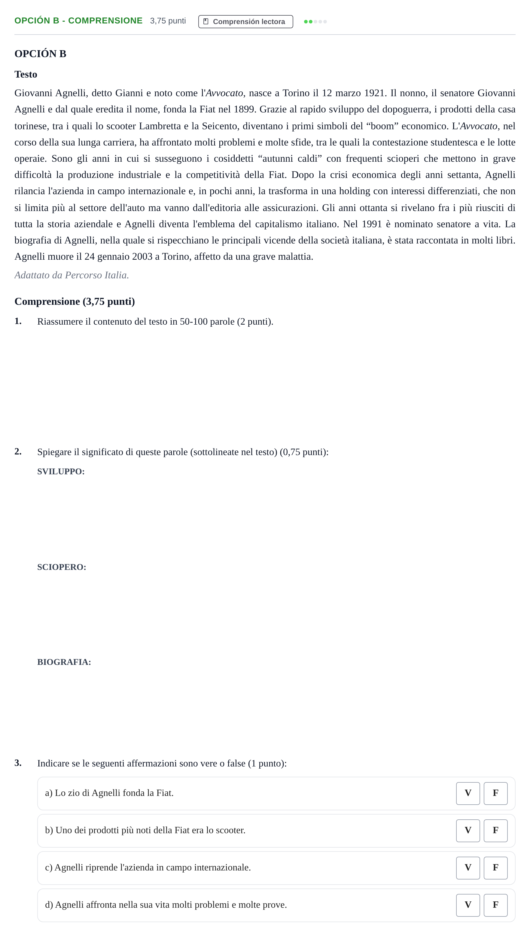 Enunciado: Opción B - Comprensione · Italiano PAU Andalucía Extraordinaria Suplente 2019