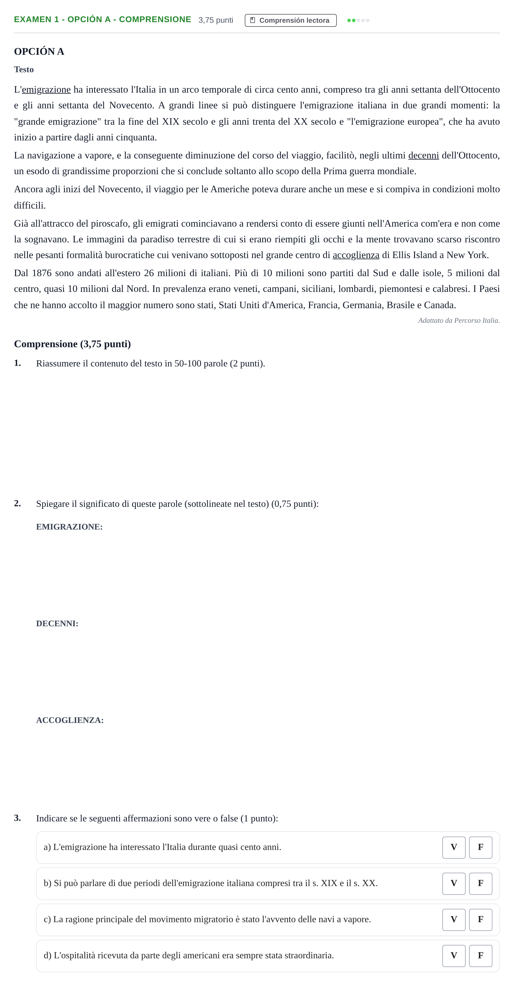 Enunciado: Ejercicio Examen 1 - Opción A - Comprensione · Italiano PAU Andalucía Ordinaria Titular (Admisión) 1 2019