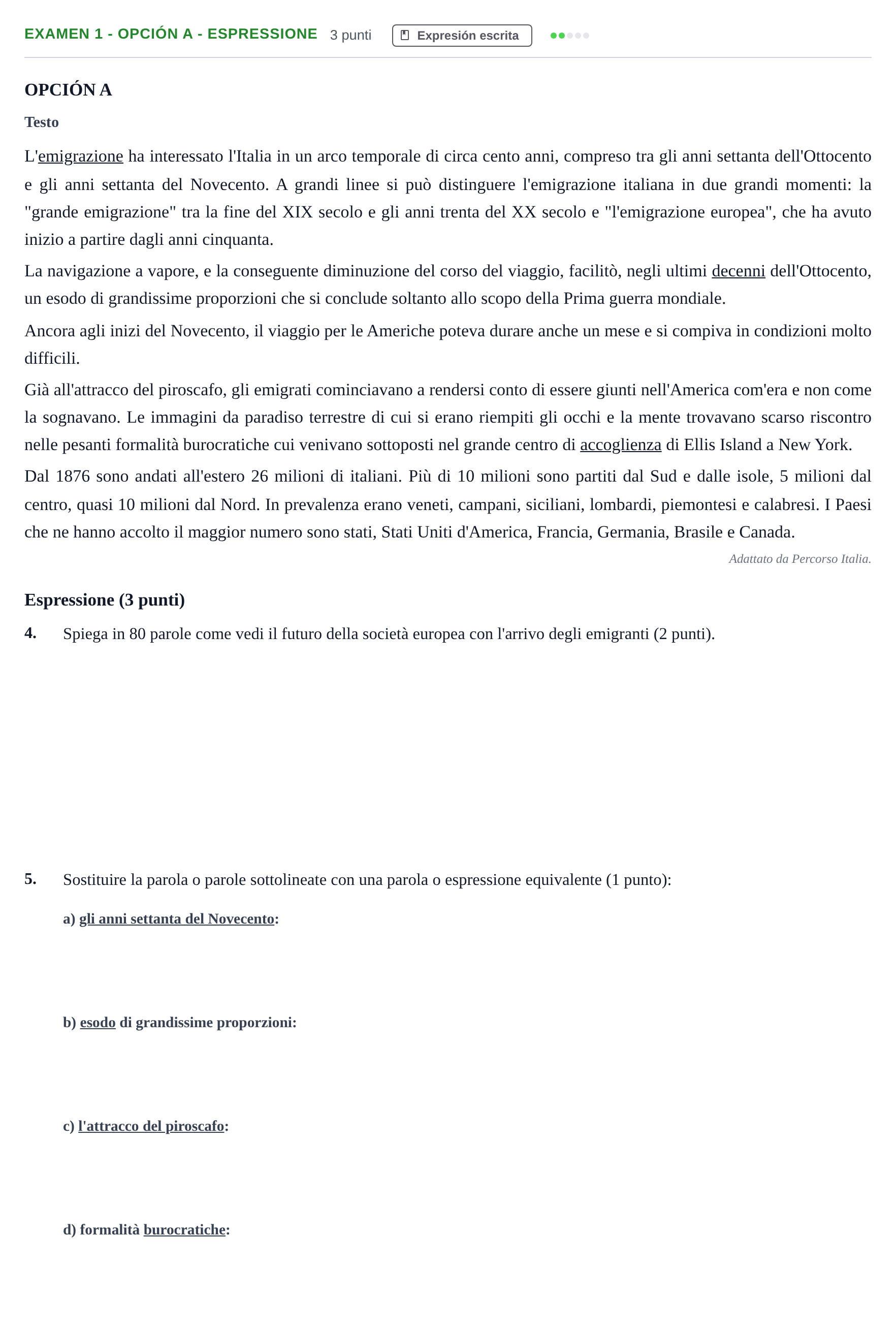Enunciado: Ejercicio Examen 1 - Opción A - Espressione · Italiano PAU Andalucía Ordinaria Titular (Admisión) 1 2019