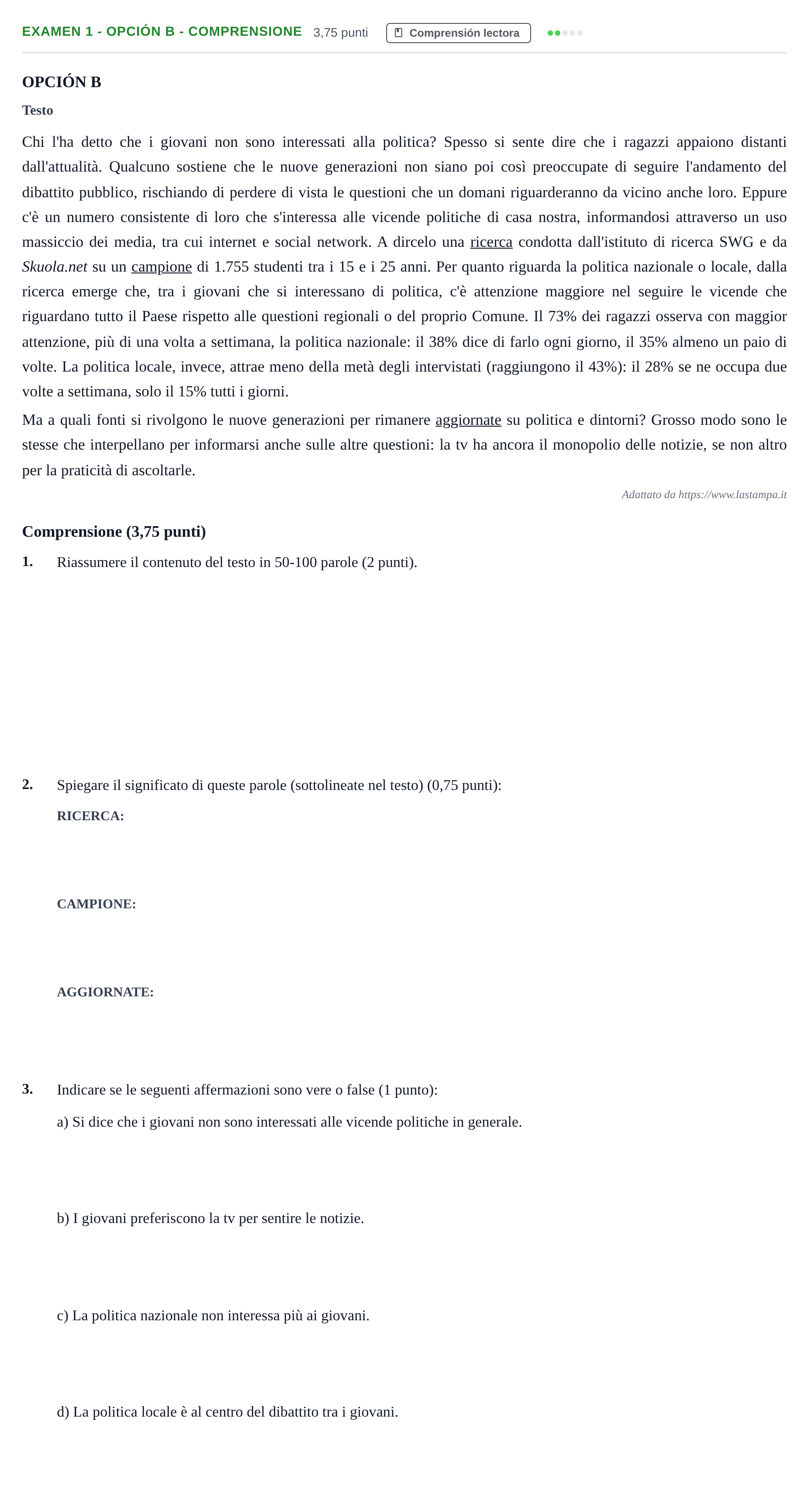 Enunciado: Ejercicio Examen 1 - Opción B - Comprensione · Italiano PAU Andalucía Ordinaria Titular (Admisión) 1 2019