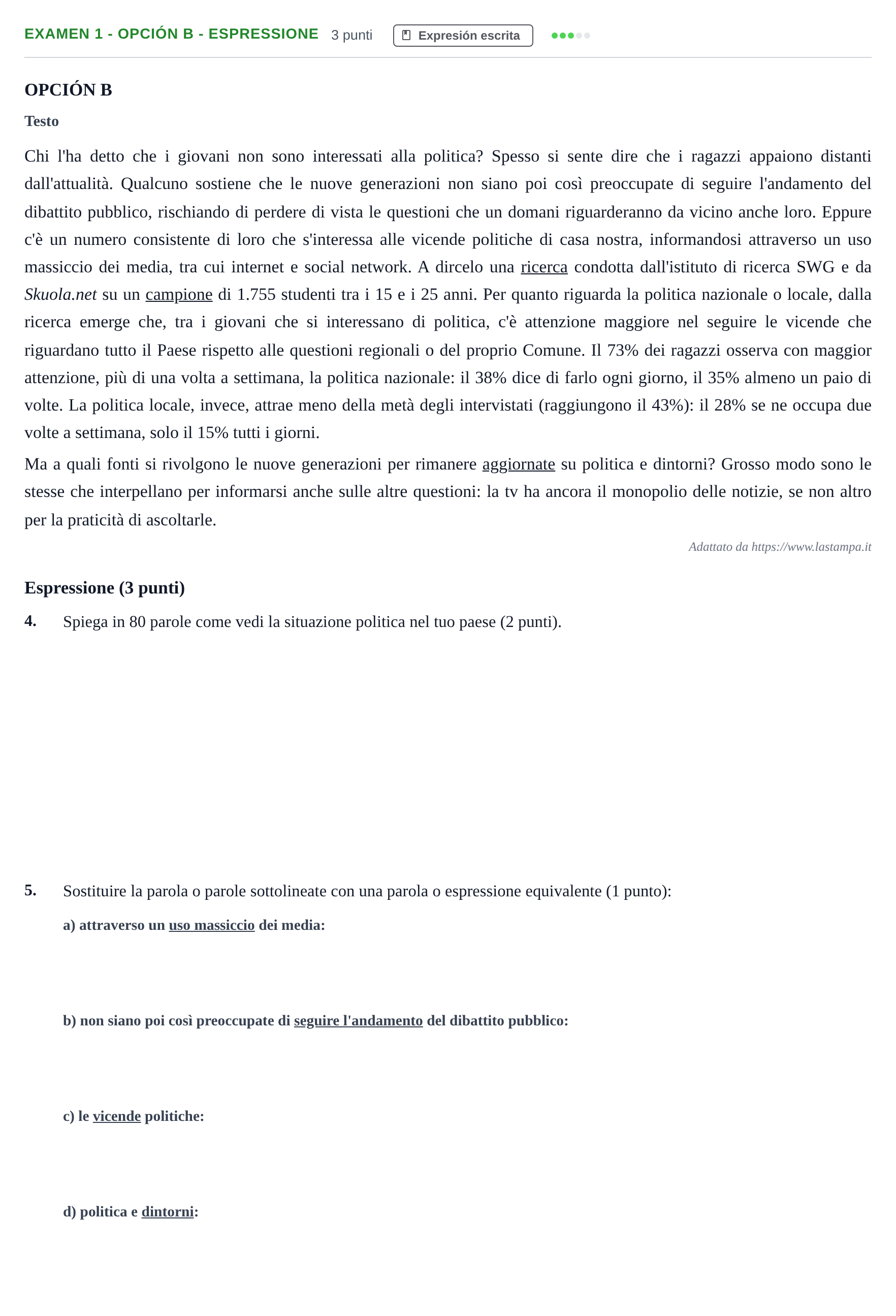 Enunciado: Ejercicio Examen 1 - Opción B - Espressione · Italiano PAU Andalucía Ordinaria Titular (Admisión) 1 2019