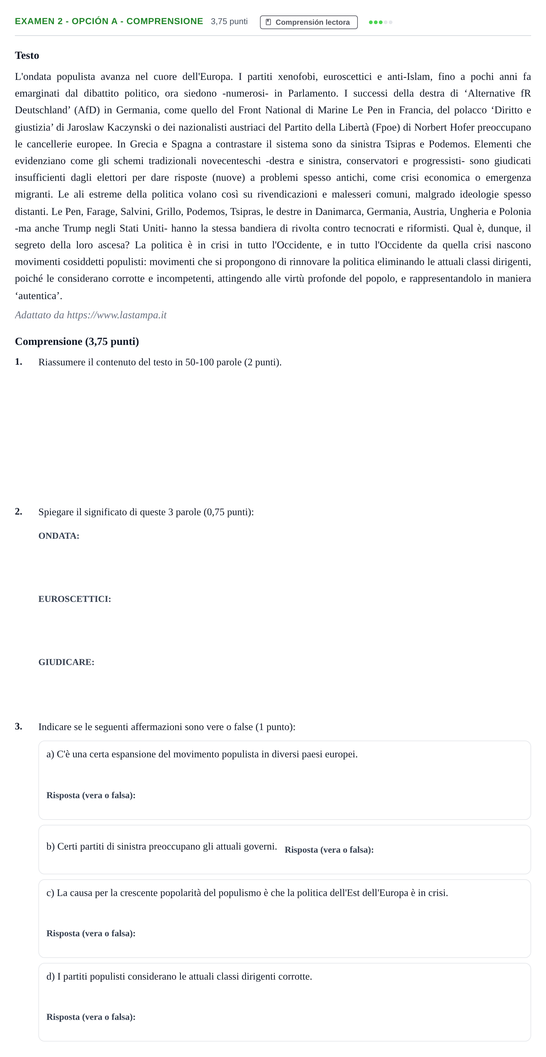 Enunciado: Ejercicio Examen 2 - Opción A - Comprensione · Italiano PAU Andalucía Ordinaria Titular (Admisión) 1 2019