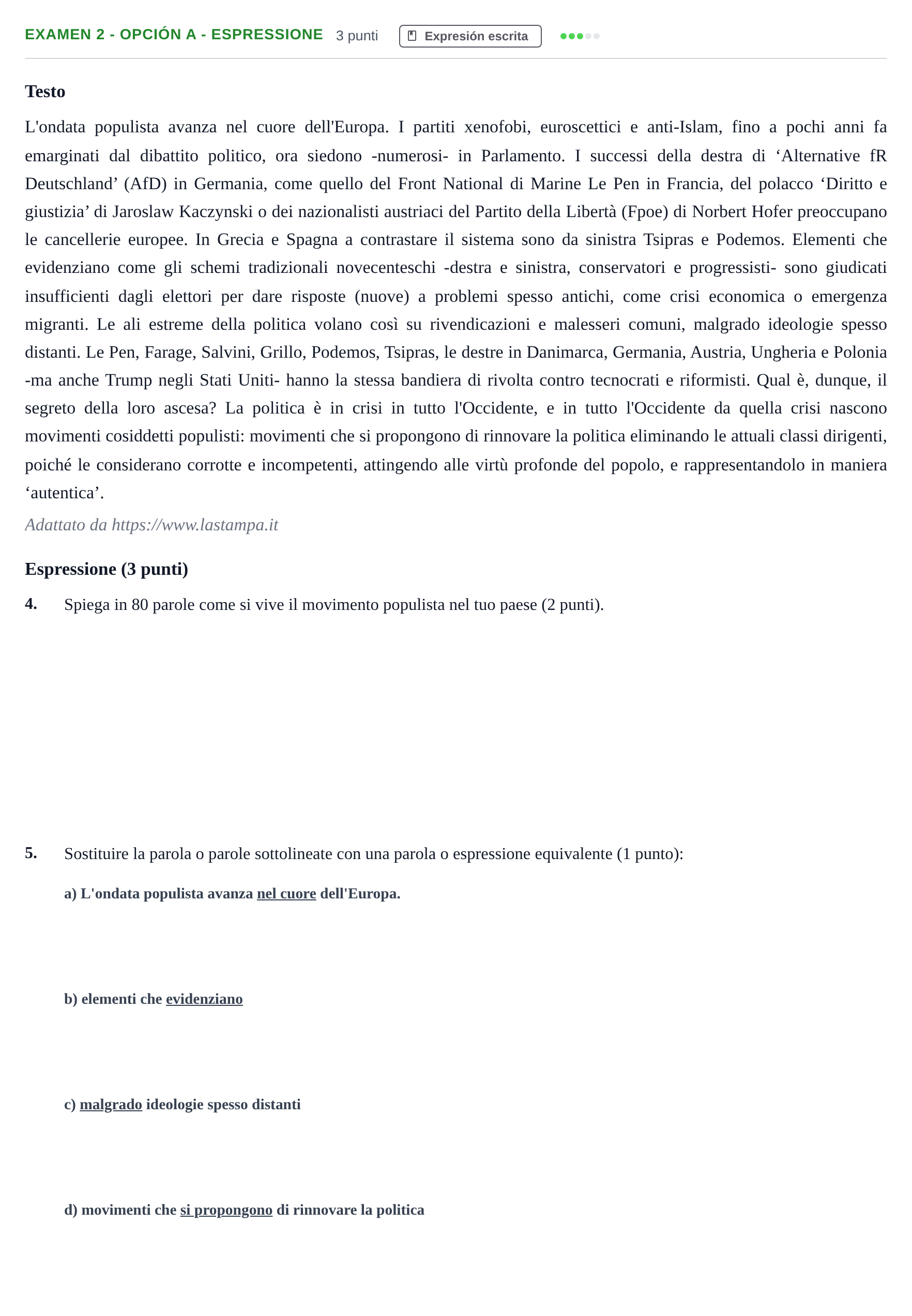 Enunciado: Ejercicio Examen 2 - Opción A - Espressione · Italiano PAU Andalucía Ordinaria Titular (Admisión) 1 2019