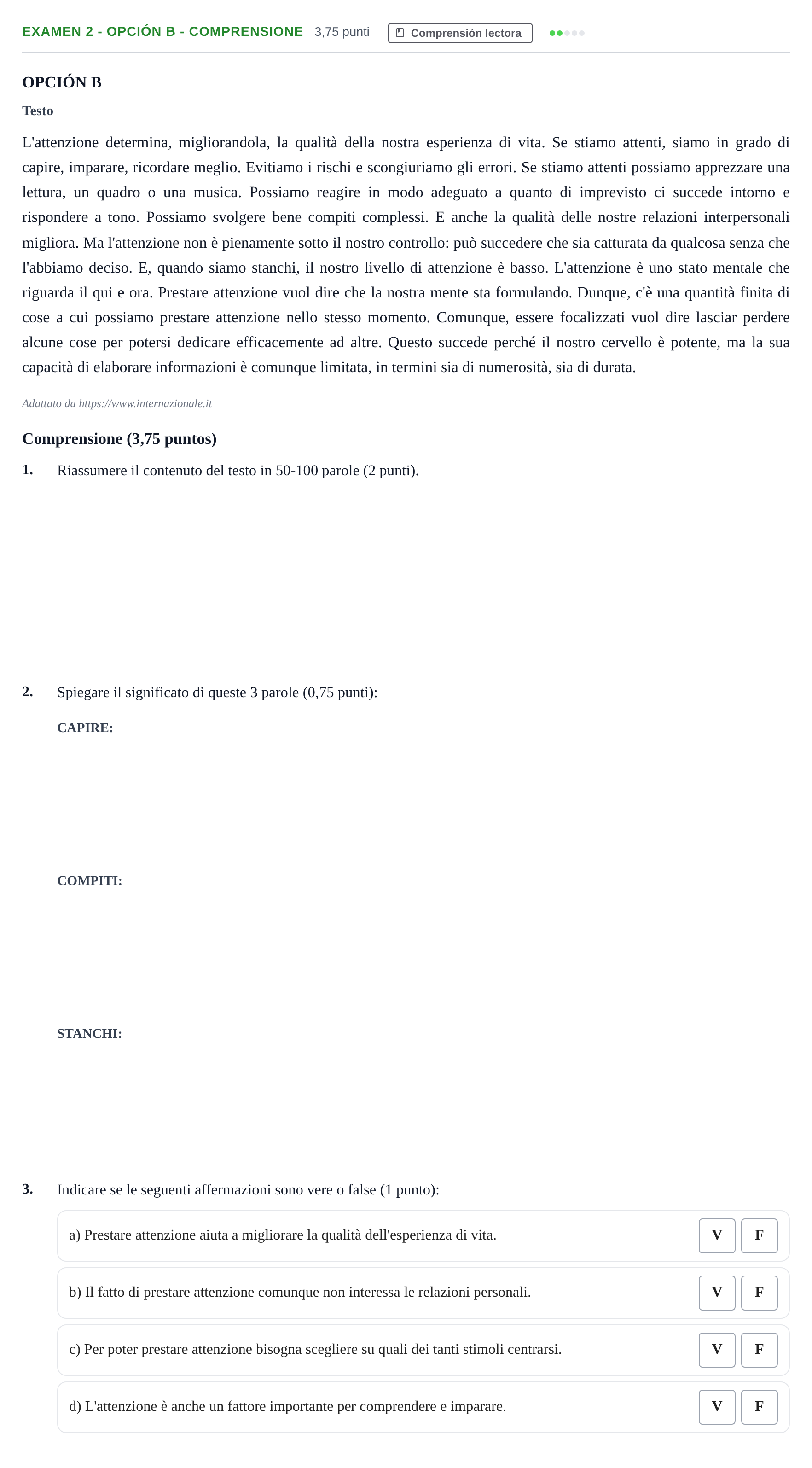Enunciado: Ejercicio Examen 2 - Opción B - Comprensione · Italiano PAU Andalucía Ordinaria Titular (Admisión) 1 2019