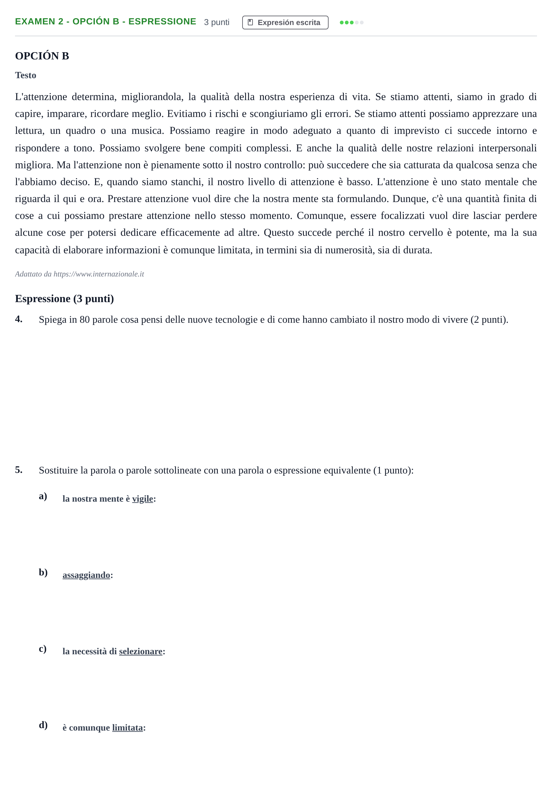Enunciado: Ejercicio Examen 2 - Opción B - Espressione · Italiano PAU Andalucía Ordinaria Titular (Admisión) 1 2019