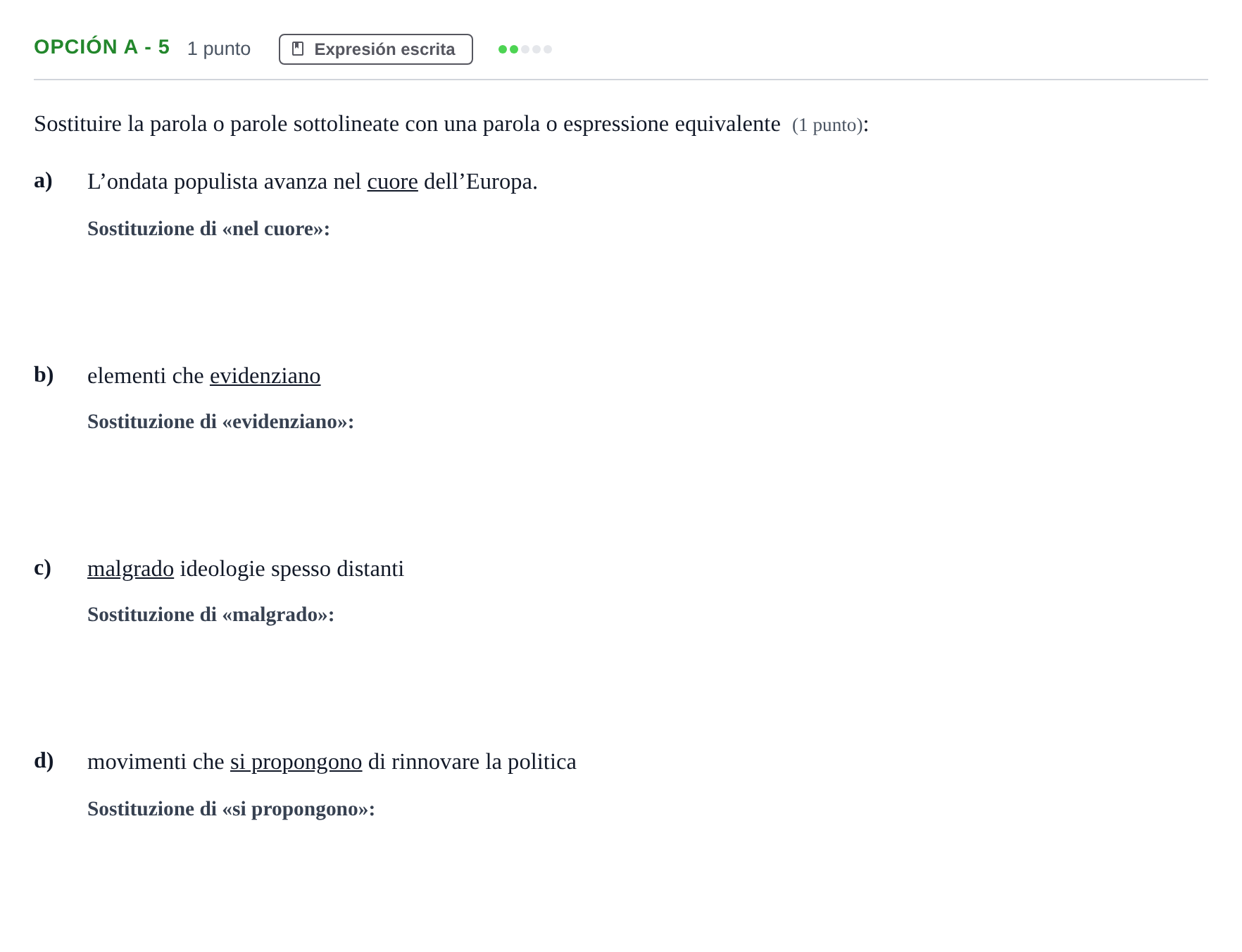 Enunciado: Opción A - 5 · Italiano PAU Andalucía Ordinaria Titular (Admisión) 2 2019