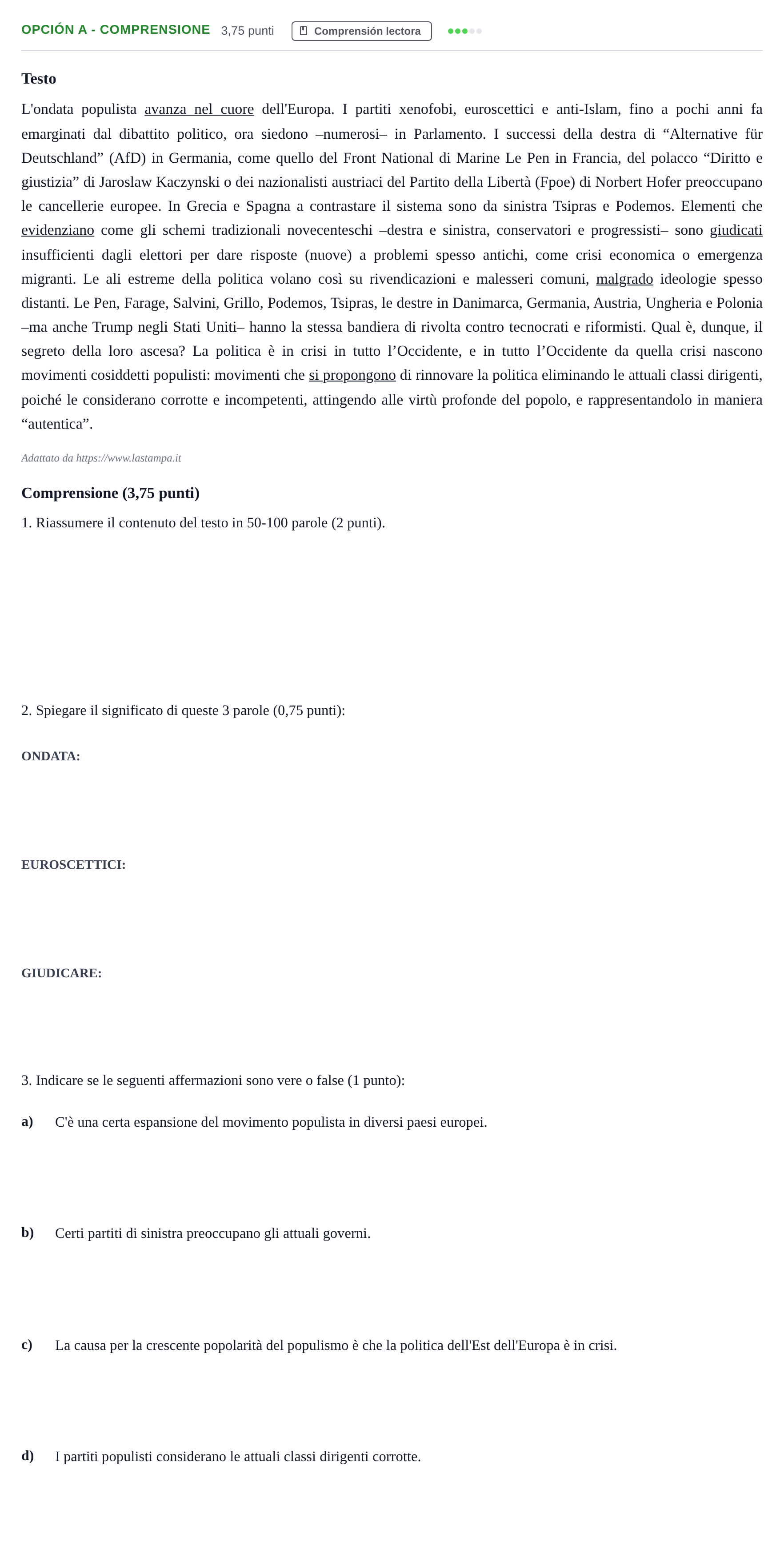 Enunciado: Opción A - Comprensione · Italiano PAU Andalucía Ordinaria Titular (Admisión) 2 2019