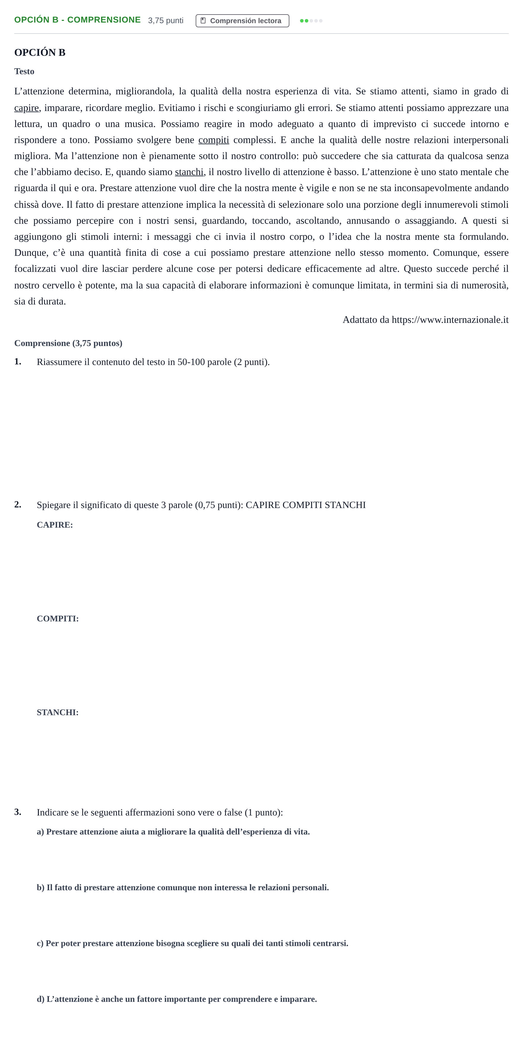 Enunciado: Opción B - Comprensione · Italiano PAU Andalucía Ordinaria Titular (Admisión) 2 2019