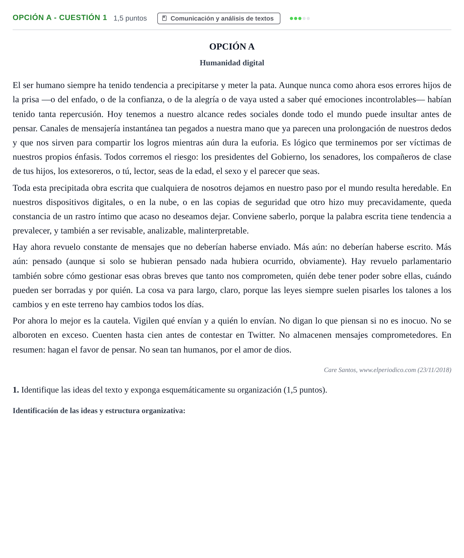 Enunciado: Opción A - Cuestión 1 · Lengua Castellana y Literatura II PAU Andalucía Ordinaria Suplente 2019