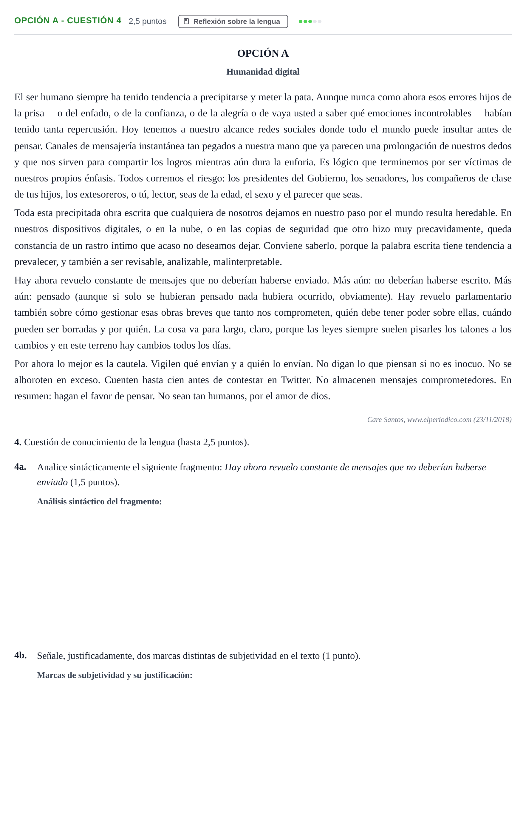 Enunciado: Opción A - Cuestión 4 · Lengua Castellana y Literatura II PAU Andalucía Ordinaria Suplente 2019