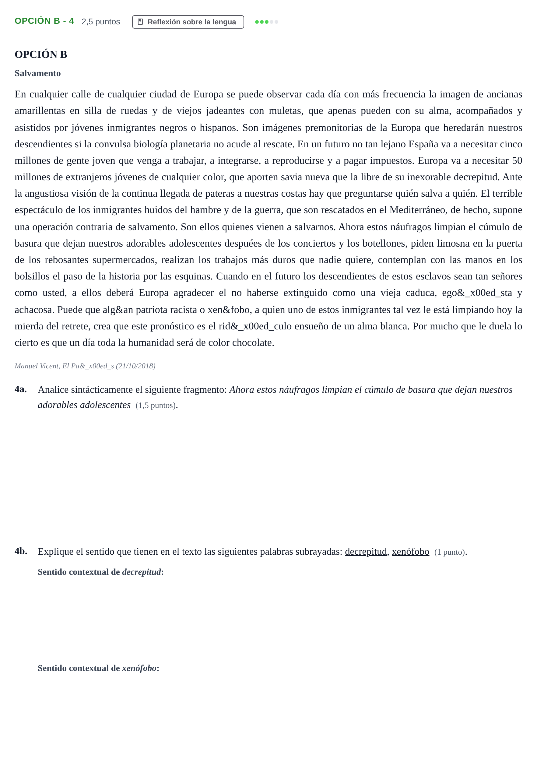 Enunciado: Opción B - 4 · Lengua Castellana y Literatura II PAU Andalucía Extraordinaria Suplente 2019