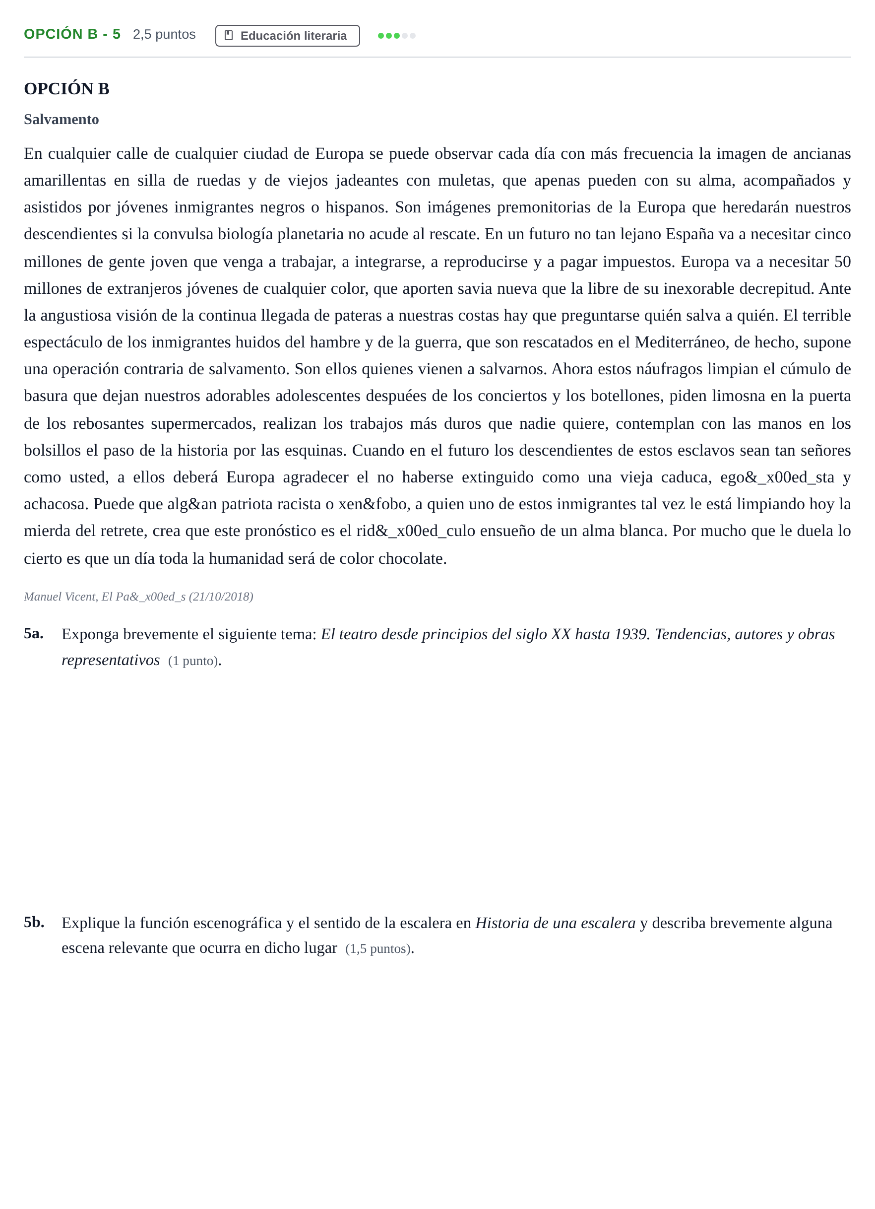 Enunciado: Opción B - 5 · Lengua Castellana y Literatura II PAU Andalucía Extraordinaria Suplente 2019
