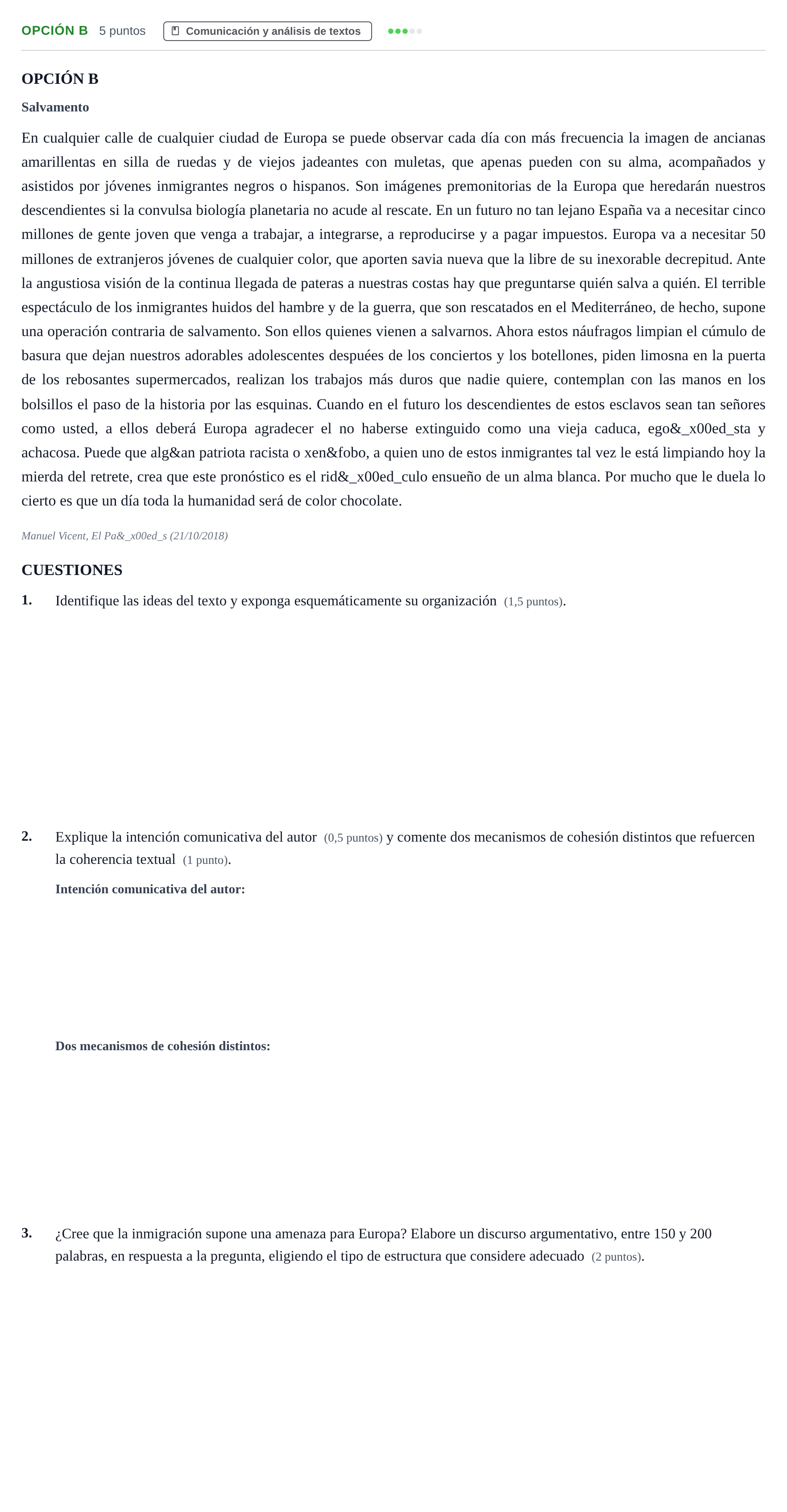 Enunciado: Opción B · Lengua Castellana y Literatura II PAU Andalucía Extraordinaria Suplente 2019
