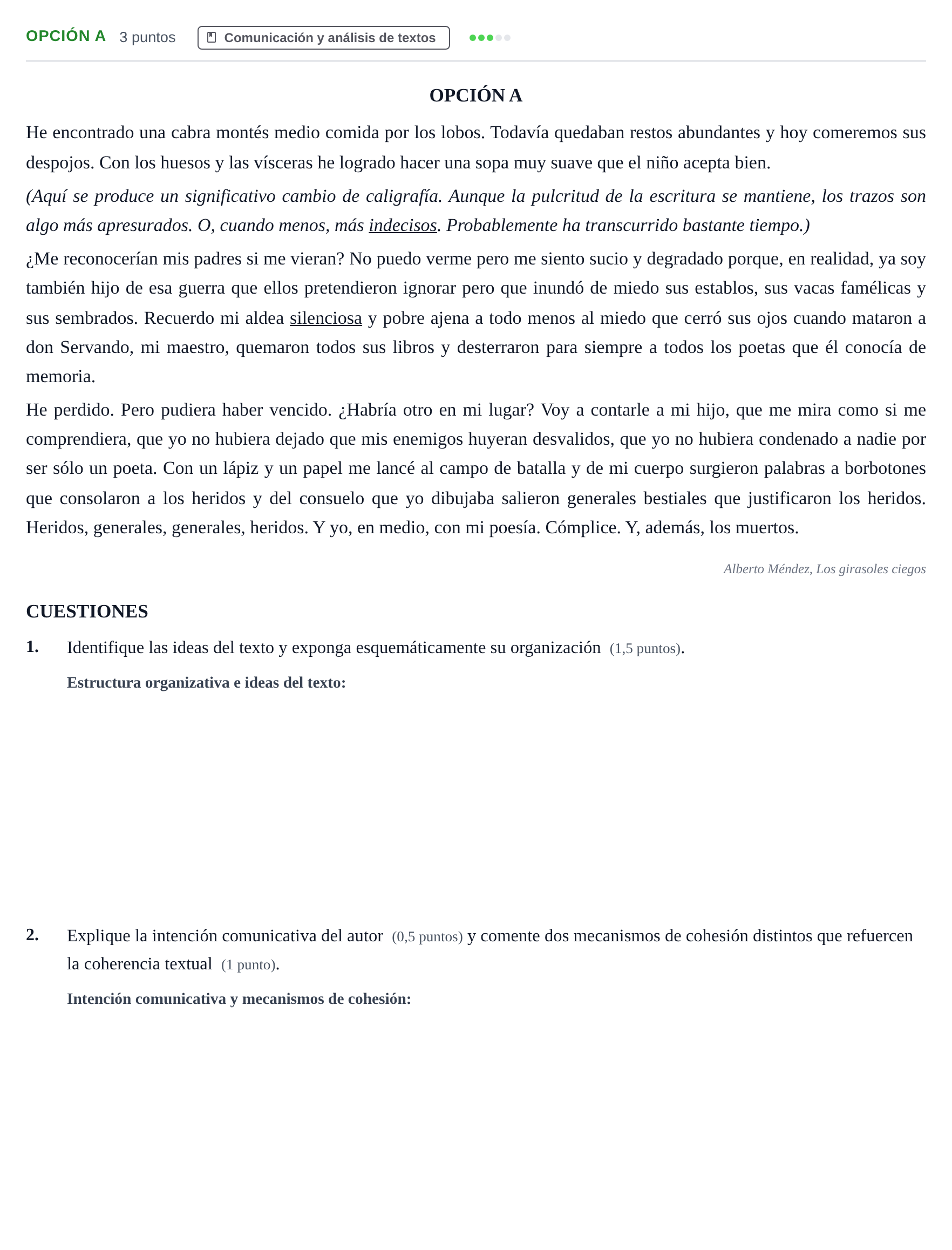 Enunciado: Opción A · Lengua Castellana y Literatura II PAU Andalucía Ordinaria Titular 2019