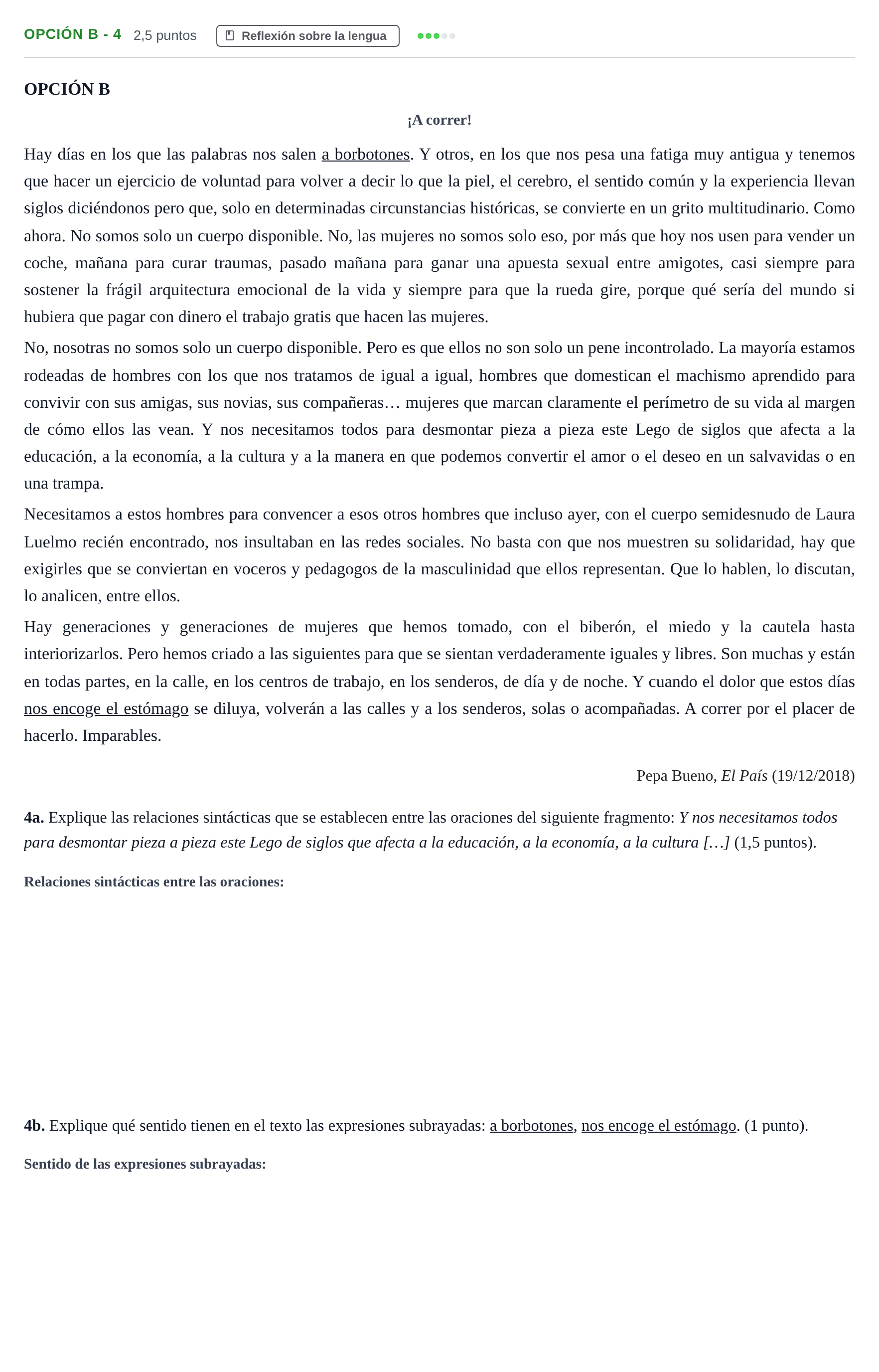 Enunciado: Opción B - 4 · Lengua Castellana y Literatura II PAU Andalucía Ordinaria Titular 2019