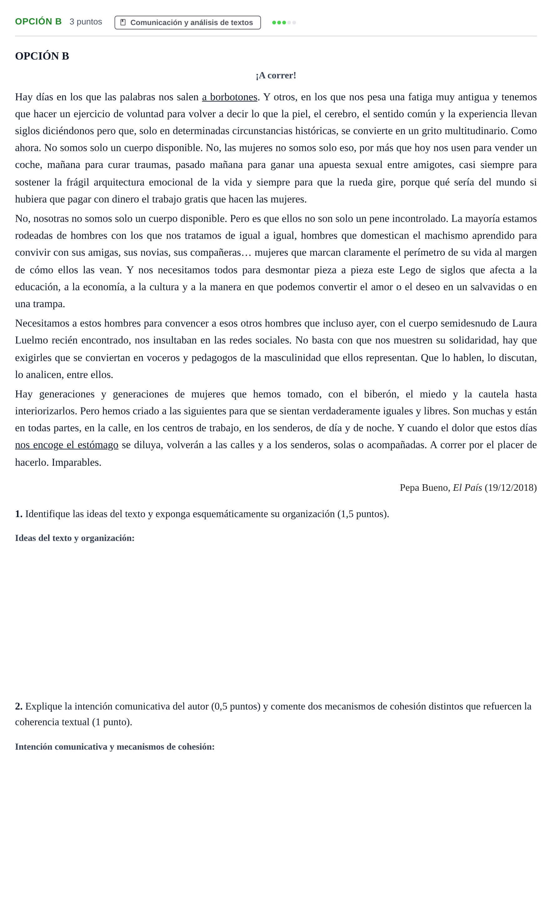 Enunciado: Opción B · Lengua Castellana y Literatura II PAU Andalucía Ordinaria Titular 2019