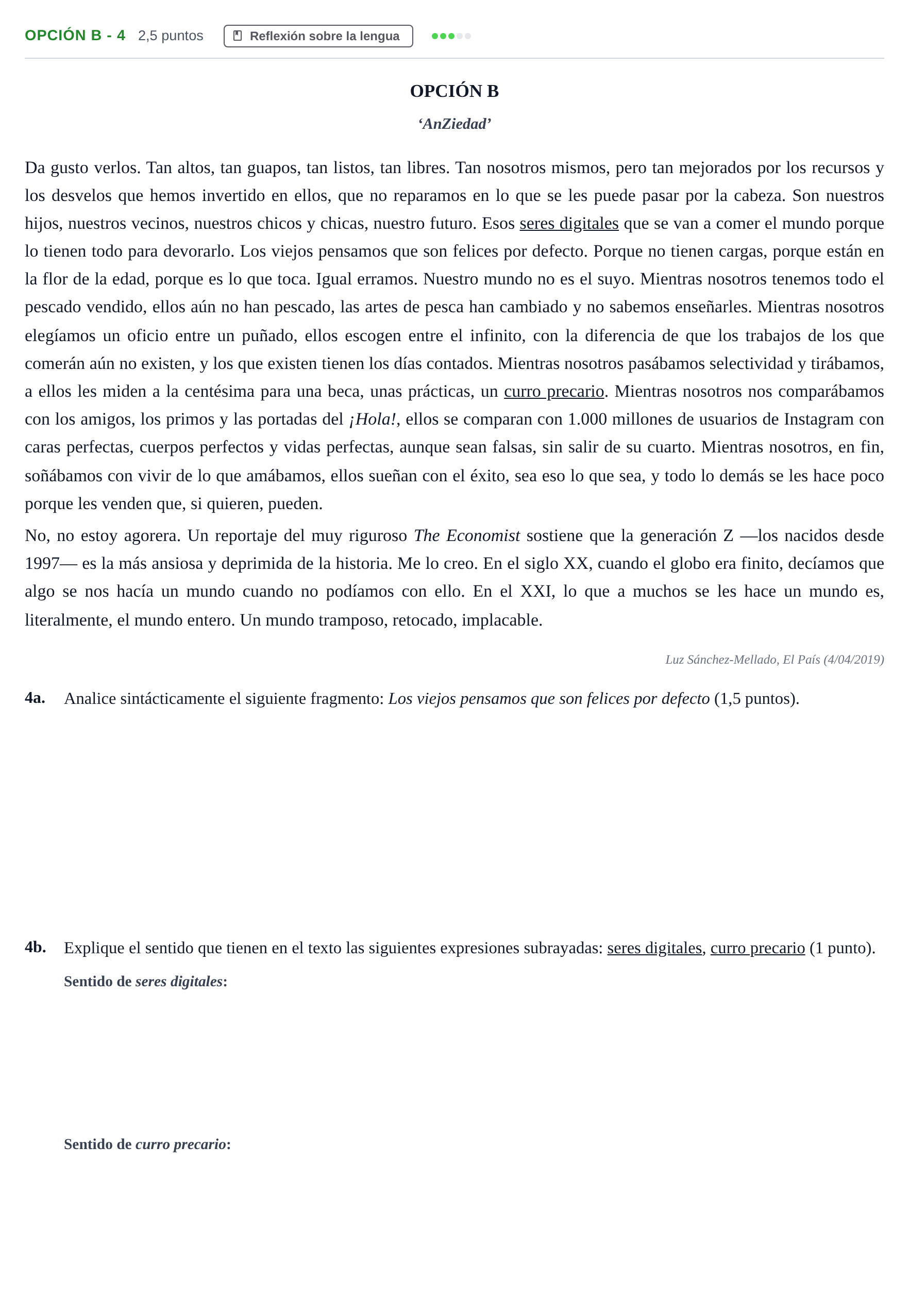Enunciado: Opción B - 4 · Lengua Castellana y Literatura II PAU Andalucía Extraordinaria Titular 2019