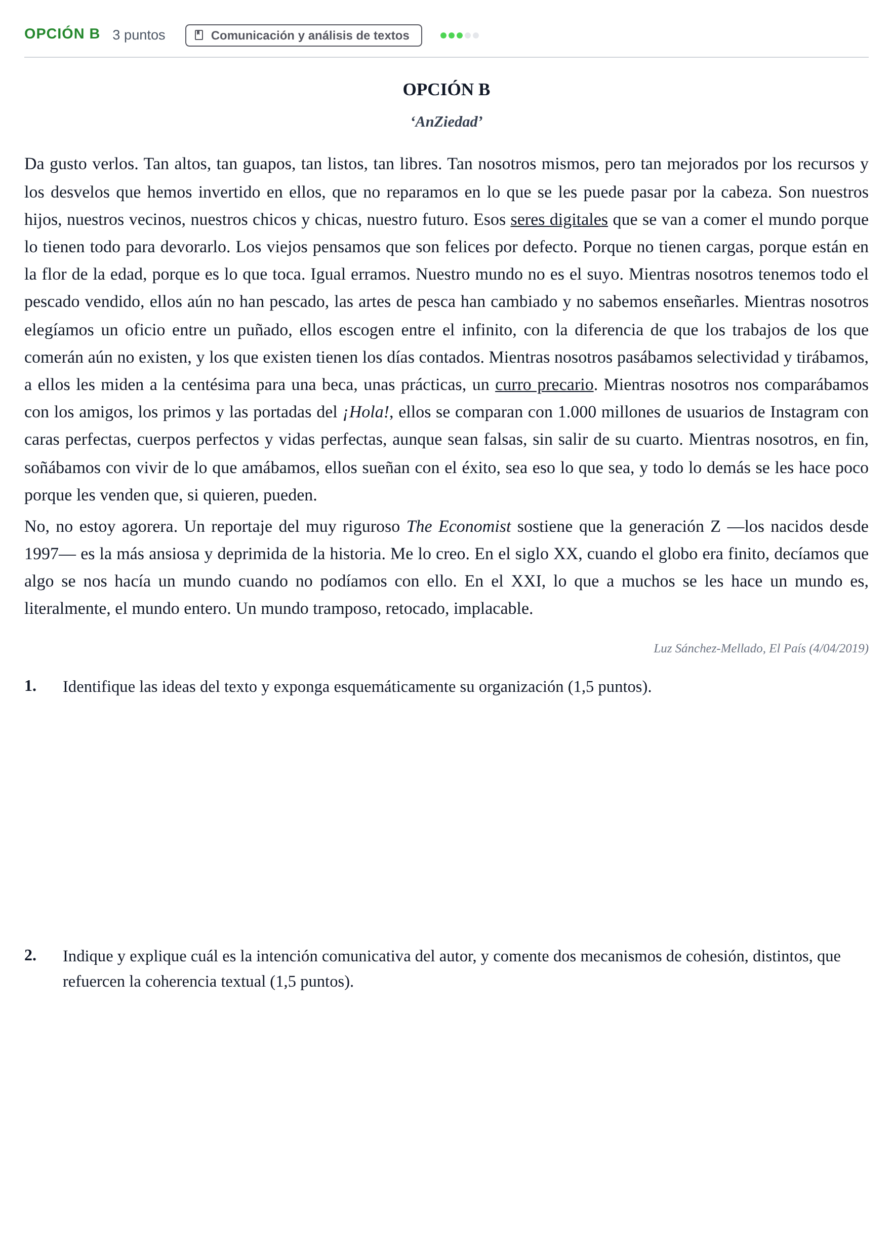 Enunciado: Opción B · Lengua Castellana y Literatura II PAU Andalucía Extraordinaria Titular 2019