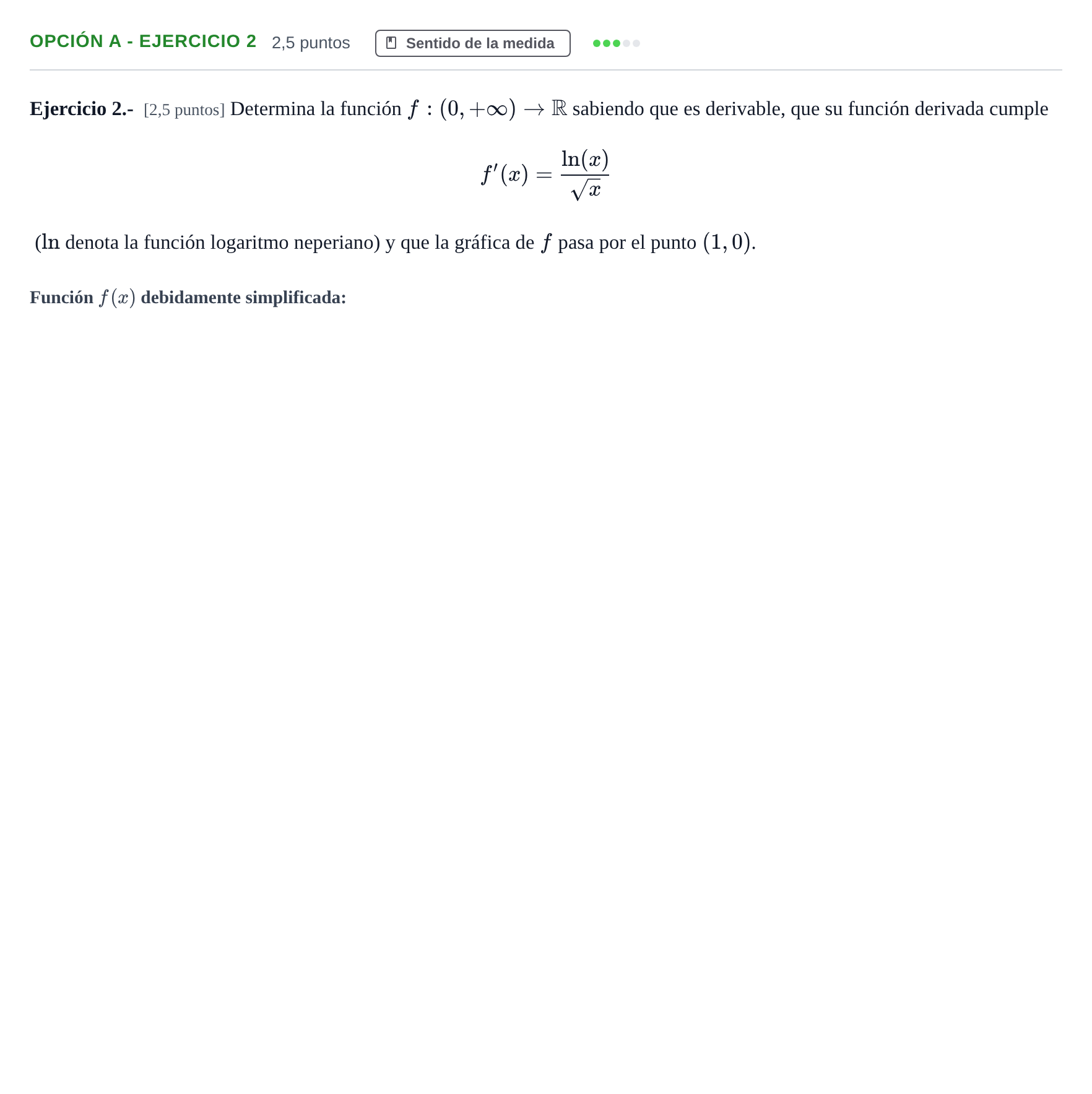 Enunciado: Opción A - Ejercicio 2 · Matemáticas II PAU Andalucía Extraordinaria Titular 2019