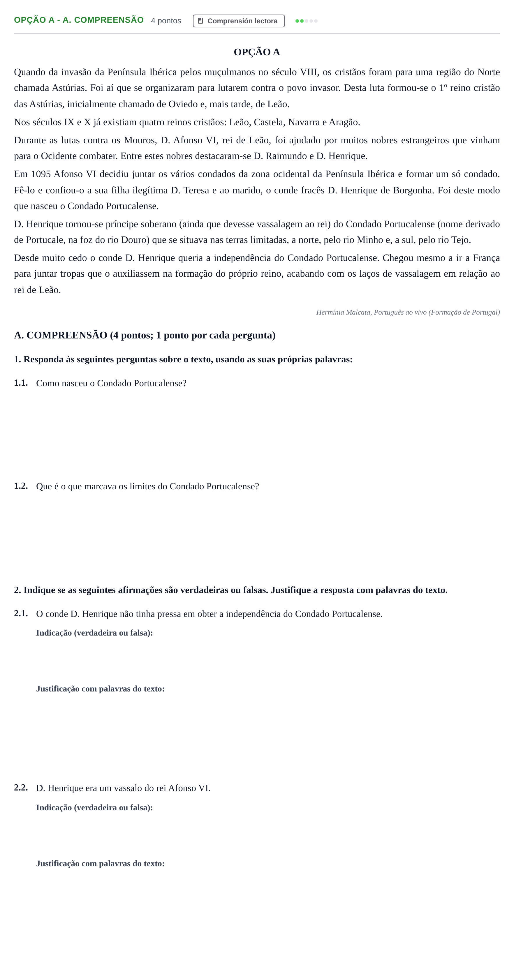 Enunciado: Ejercicio Opção A - A. Compreensão · Portugués PAU Andalucía Ordinaria Suplente 2019