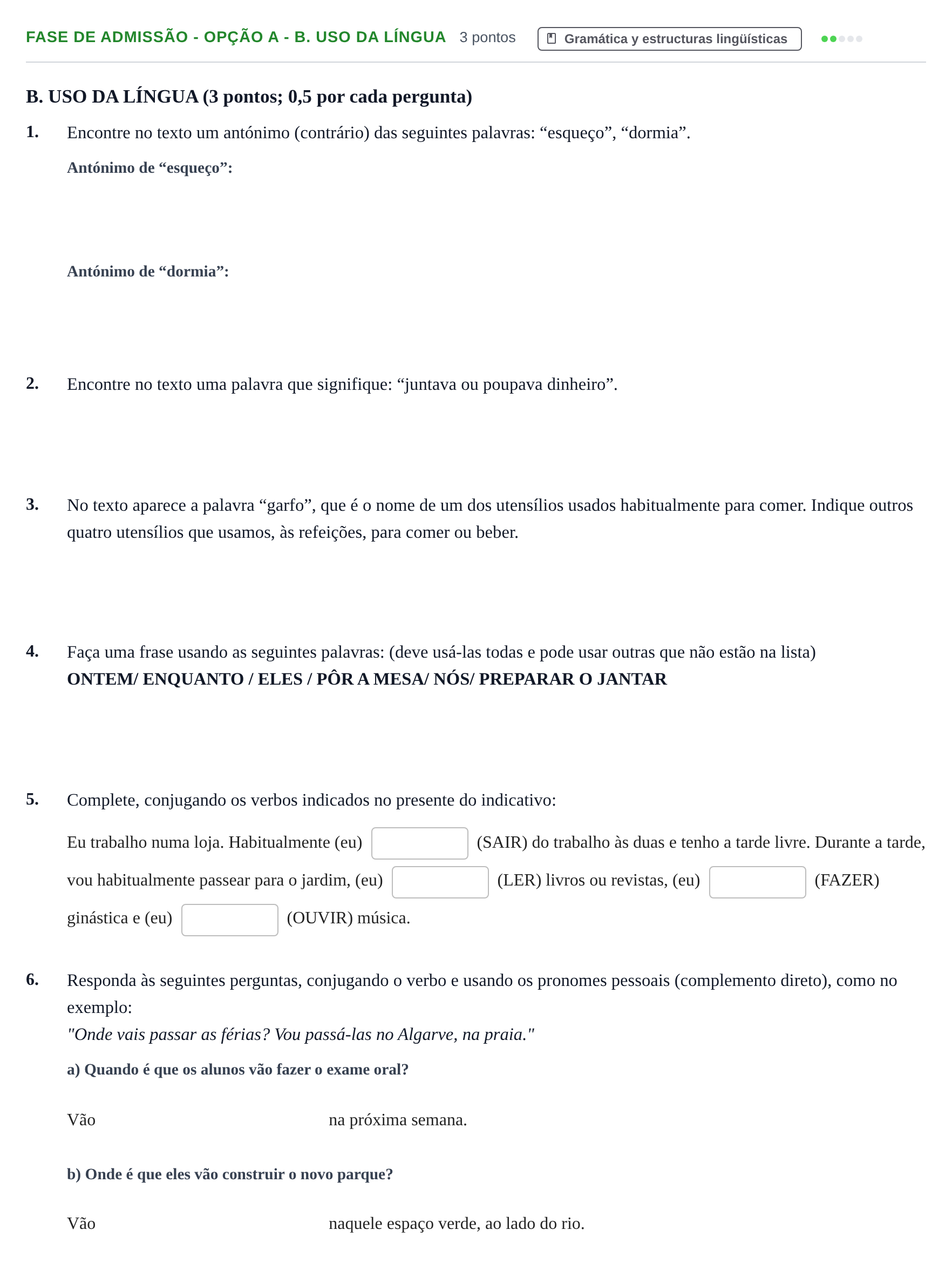 Enunciado: Ejercicio Fase de Admissão - Opção A - B. Uso da língua · Portugués PAU Andalucía Extraordinaria Titular (Admisión) 1 2019