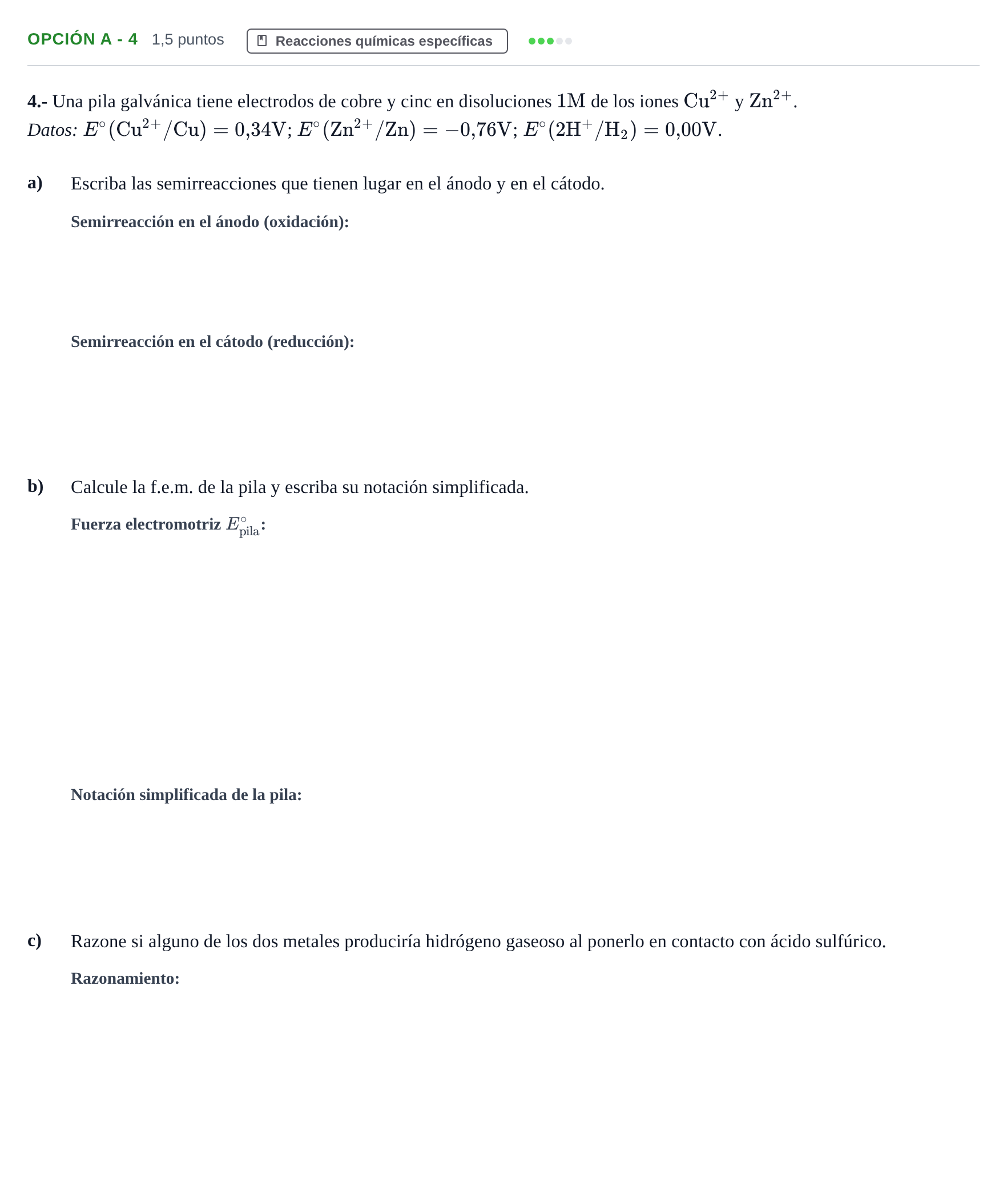 Enunciado: Opción A - 4 · Química PAU Andalucía Reserva A 2019