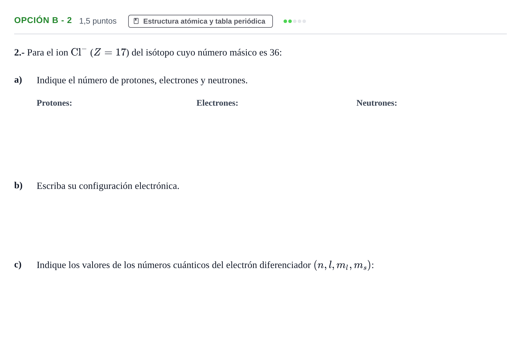 Enunciado: Opción B - 2 · Química PAU Andalucía Reserva A 2019