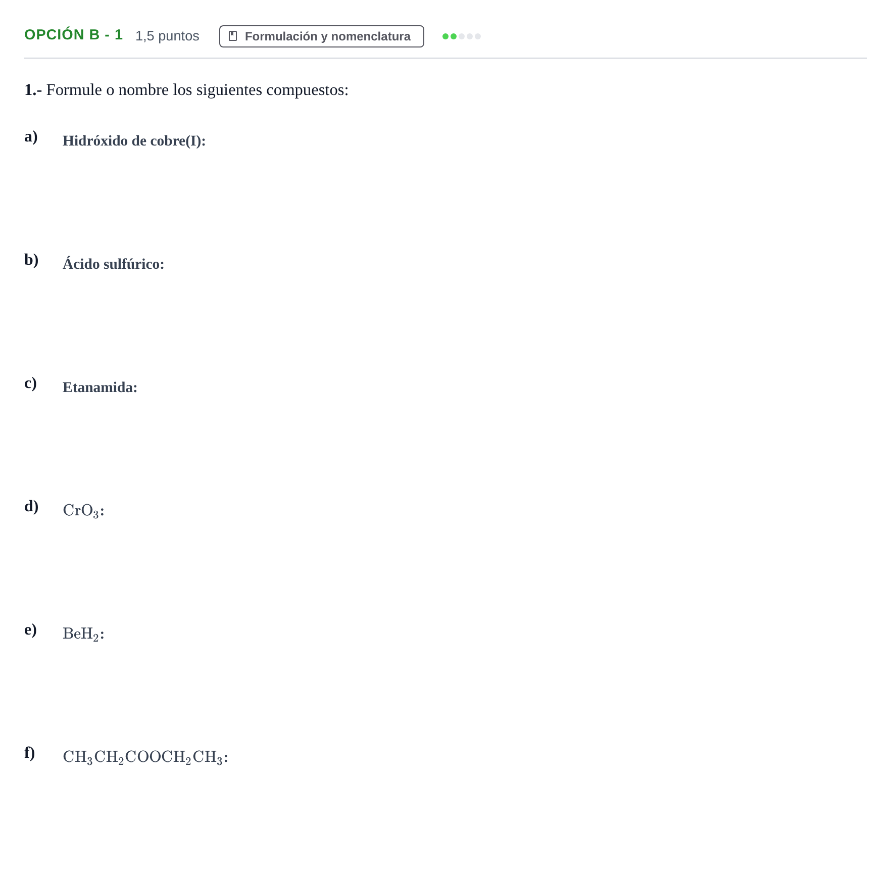 Enunciado: Opción B - 1 · Química PAU Andalucía Extraordinaria Suplente 2019