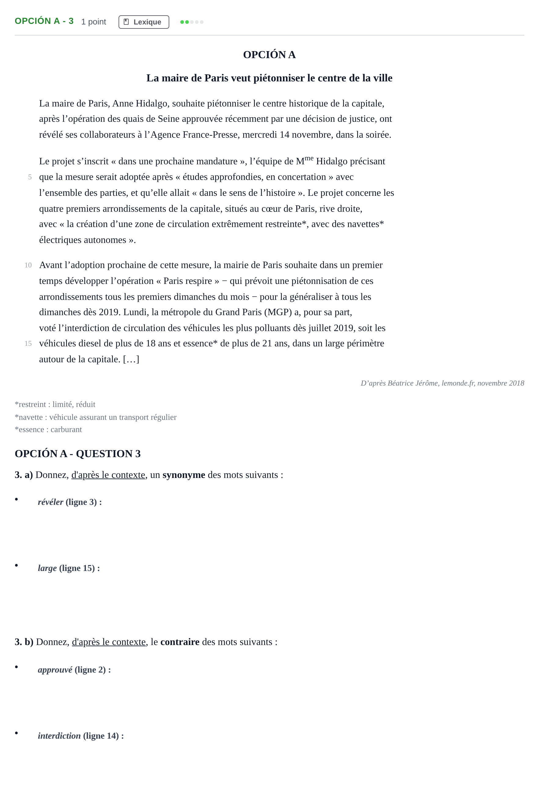 Enunciado: Opción A - 3 · Francés PAU Madrid Extraordinaria (2ª lengua) 2019