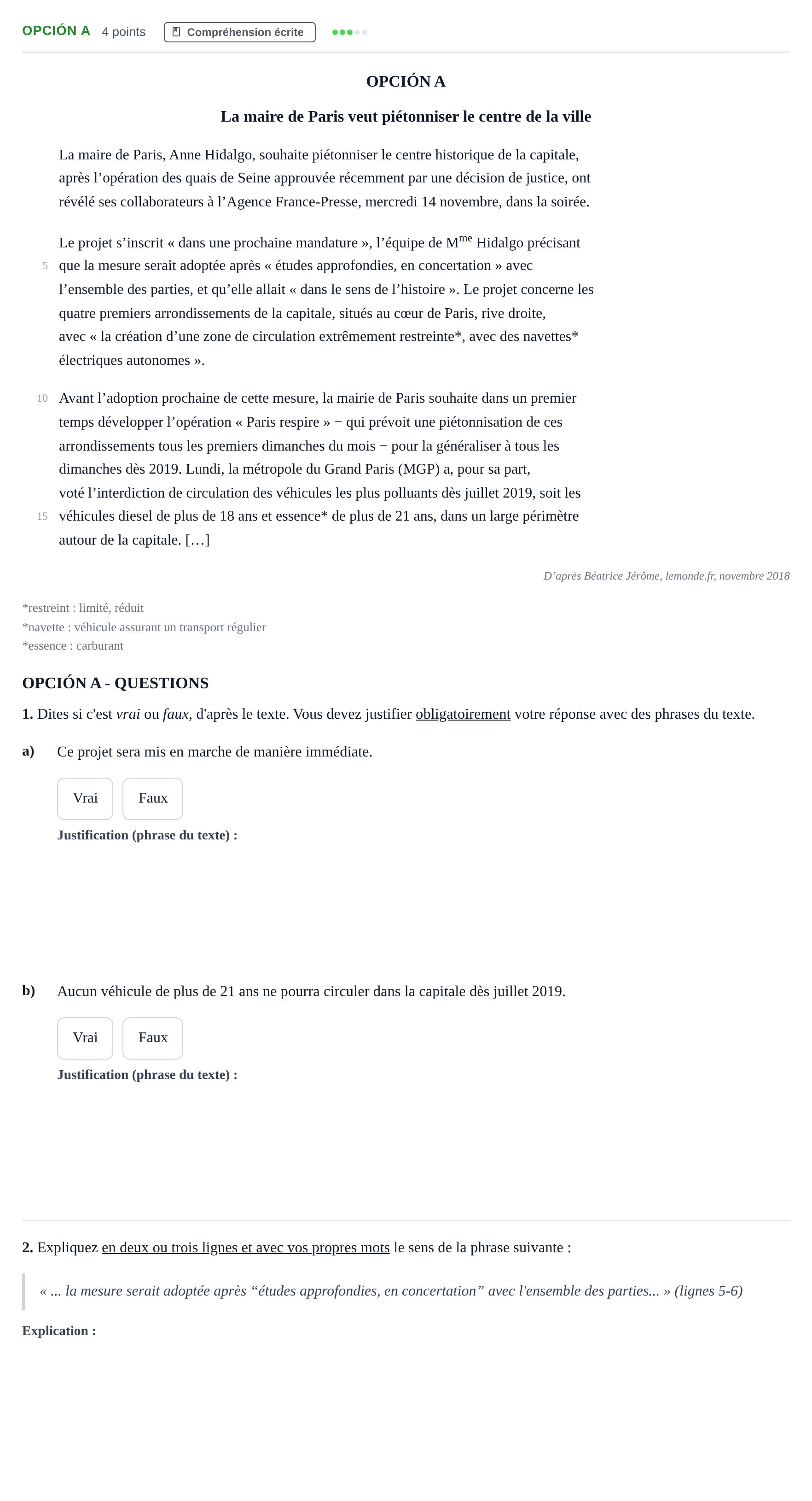 Enunciado: Opción A · Francés PAU Madrid Extraordinaria (2ª lengua) 2019